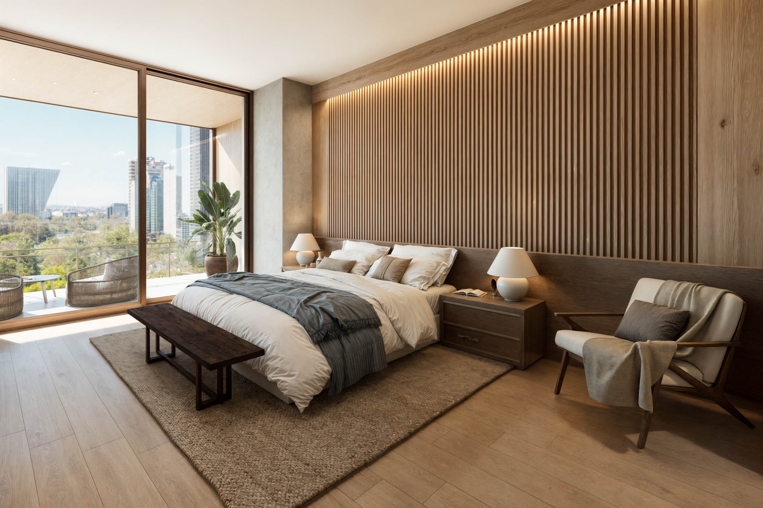 Habitación moderna con cama grande, lámparas, alfombra, silla y vista a la ciudad desde el balcón