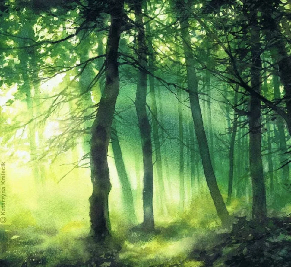 Misty Morning in Green Landscape, Watercolours Painting Day at The Cornerstone, Wokingham