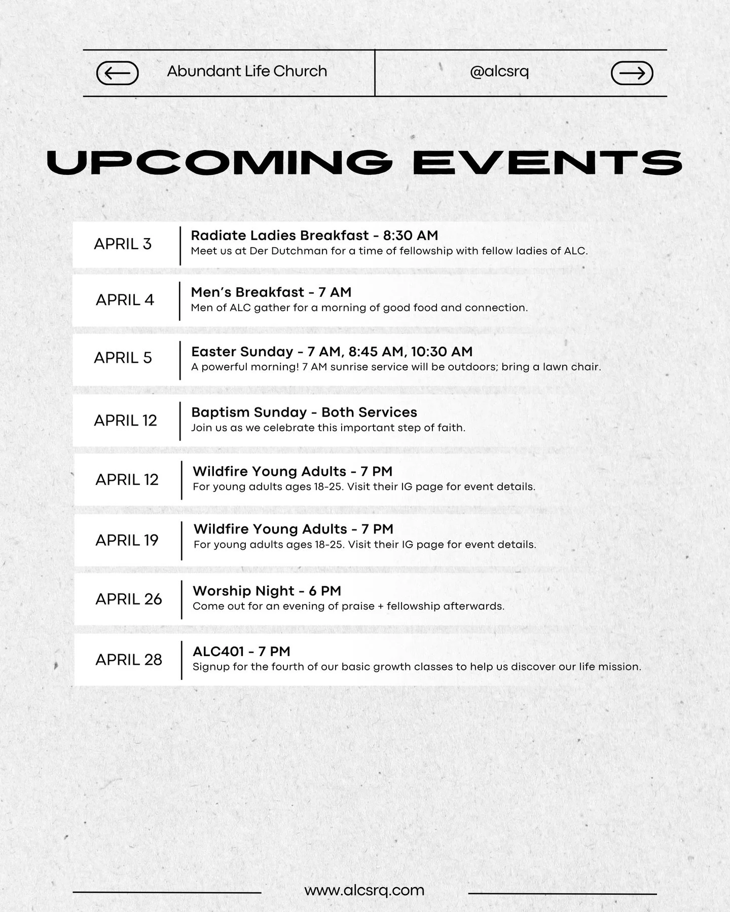 UPCOMING EVENTS: There is a lot happening in April at #alcsrq that you won&rsquo;t want to miss. Visit our website at alcsrq.com for the most updated information.