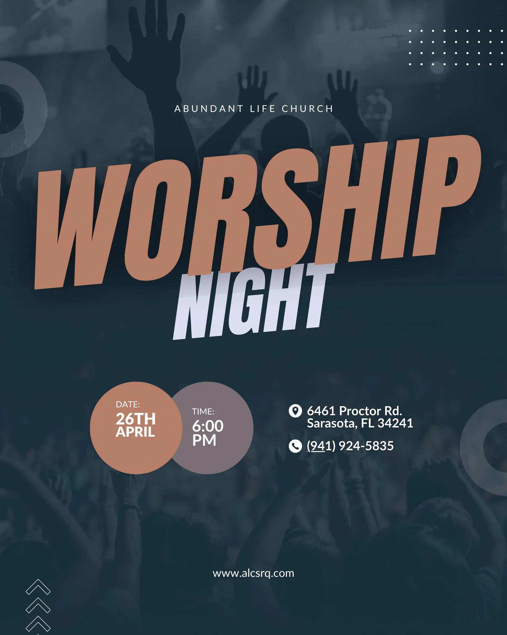 JOIN US this Sunday for a night of worship and fellowship at #alcsrq.

6461 Proctor Road, Sarasota
6 PM