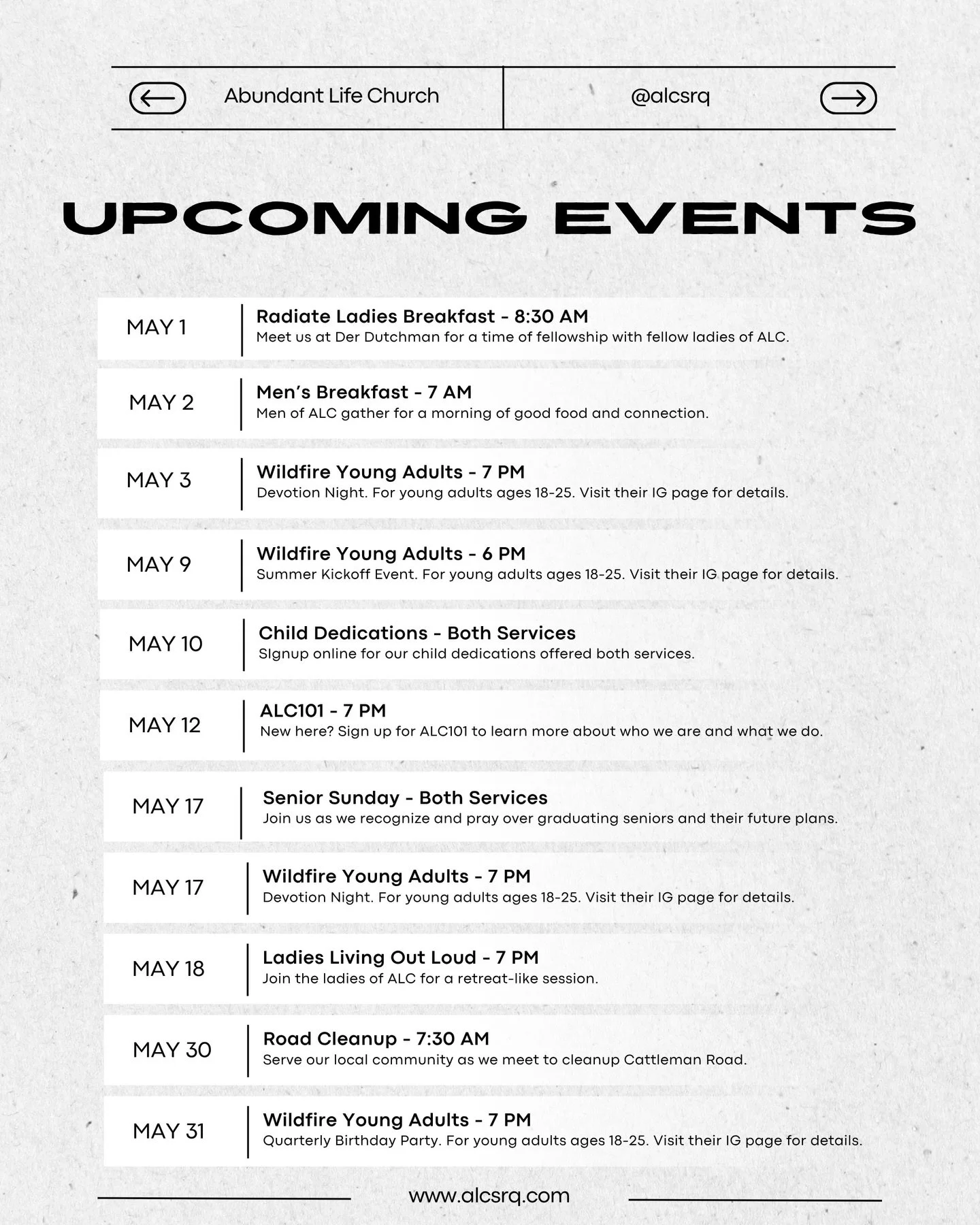 EVENTS: There&rsquo;s so much happening here at #alcsrq in May. Visit our website for details at alcsrq.com.