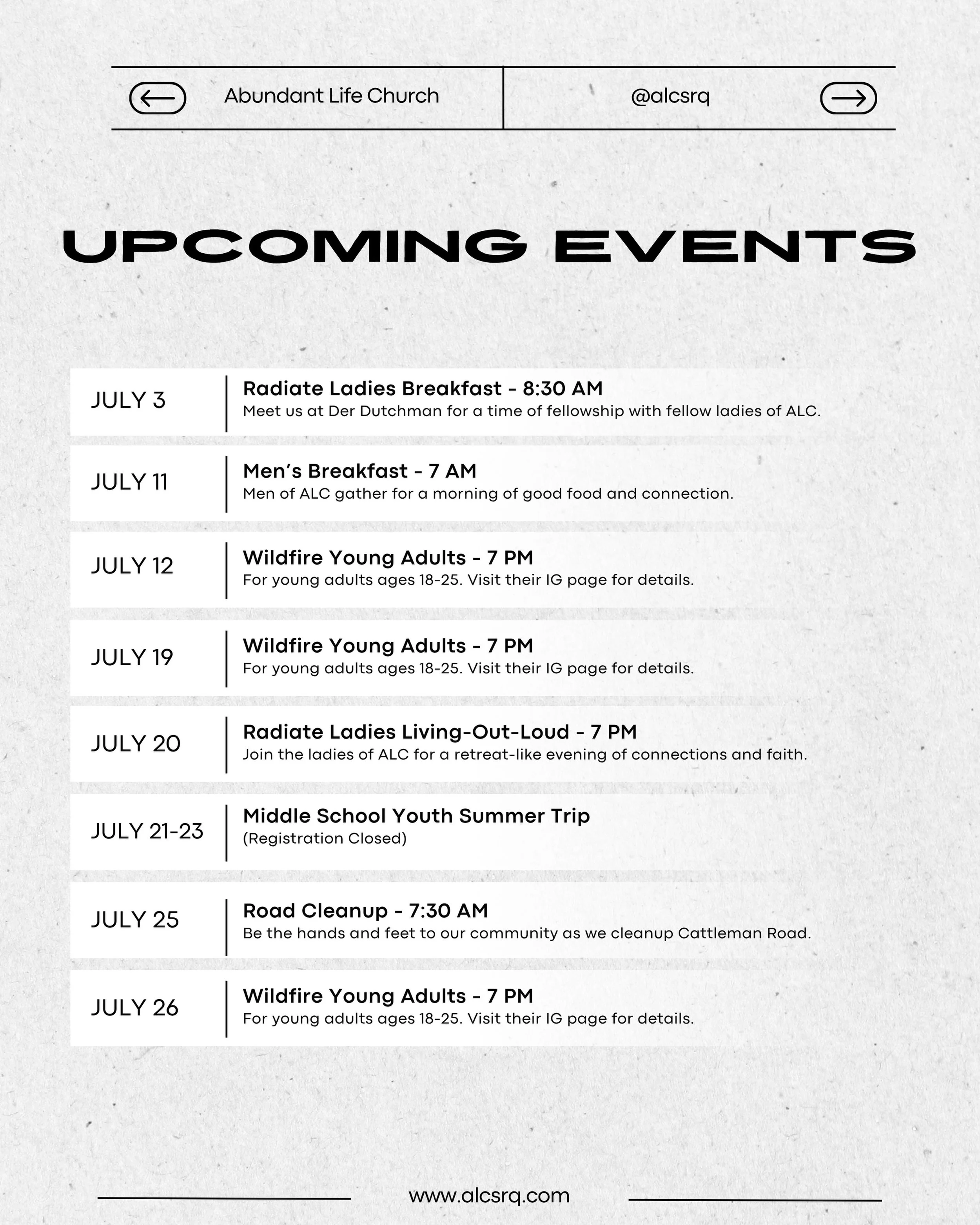 July is shaping up to be another busy month here at #alcsrq. #getconnected #churchfamily #localchurch