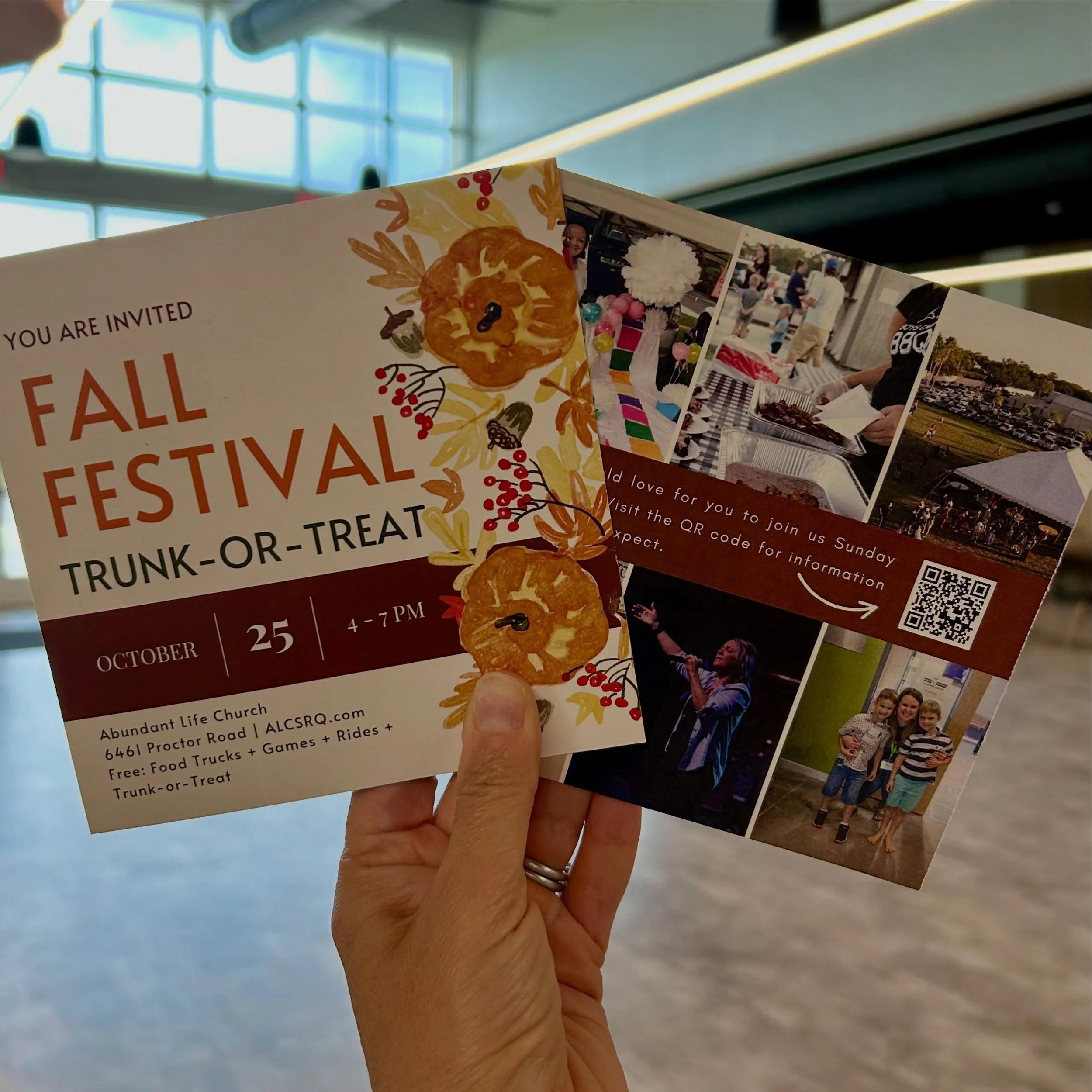 You&rsquo;re Invited to our Annual Fall Festival.

When: Sunday, Oct 25th
Where: 6461 Proctor Road, Sarasota 
Time: 4-7 PM

Games, rides, food trucks, trunk-or-treat ALL FREE!!