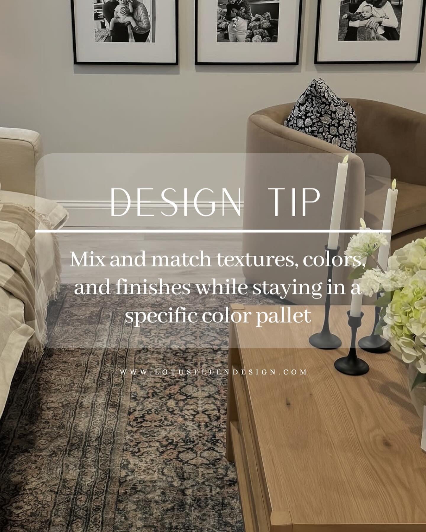 Always mix and match textures, patterns, and colors. Most people struggle with their space looking too matchy or too much of one color and it can appear boring to the eye. When you focus on adding different textures, patterns, and colors it makes you