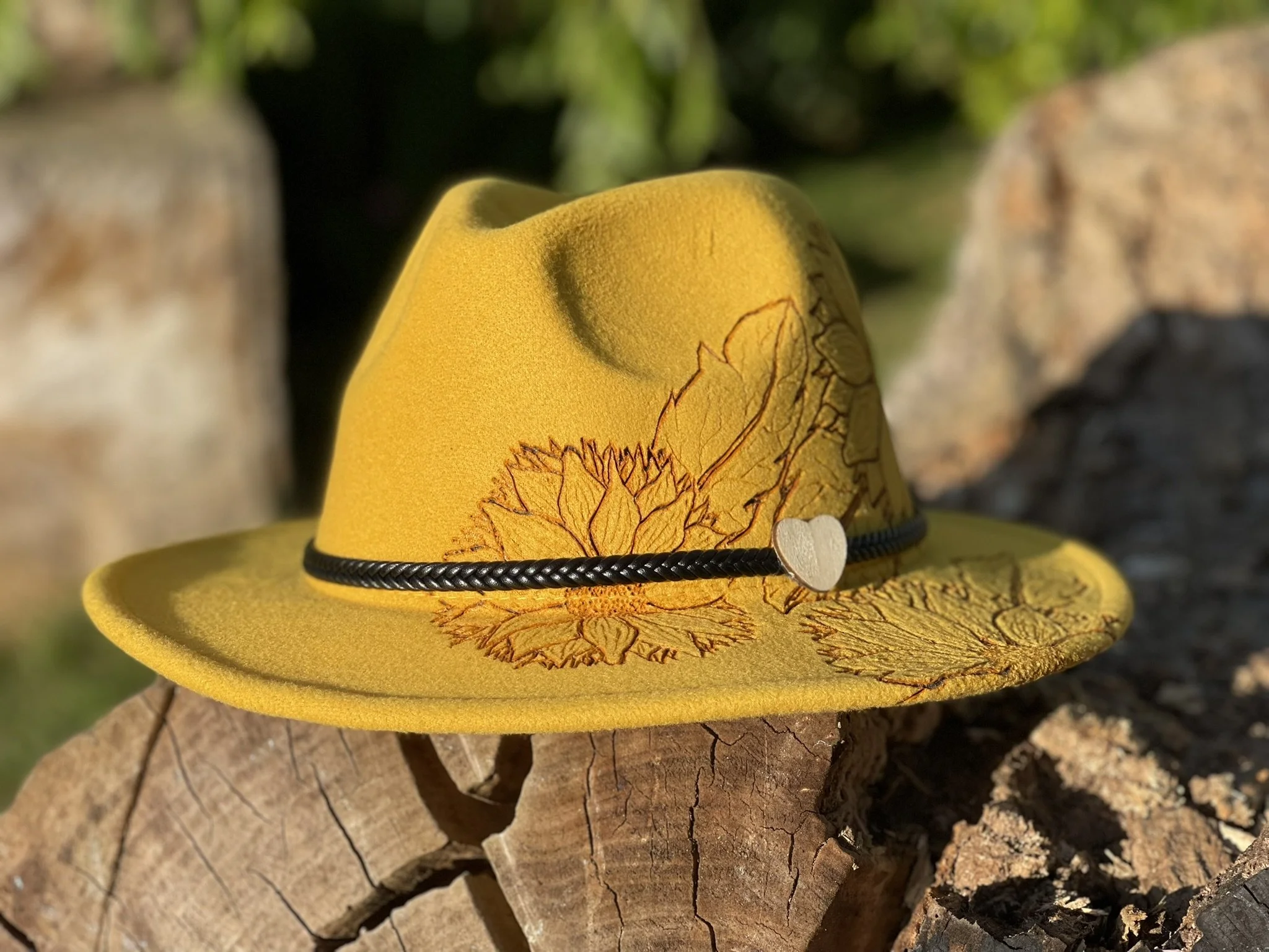 Hand Burned Yellow Sunflower Hat - One Size (smaller Rim)