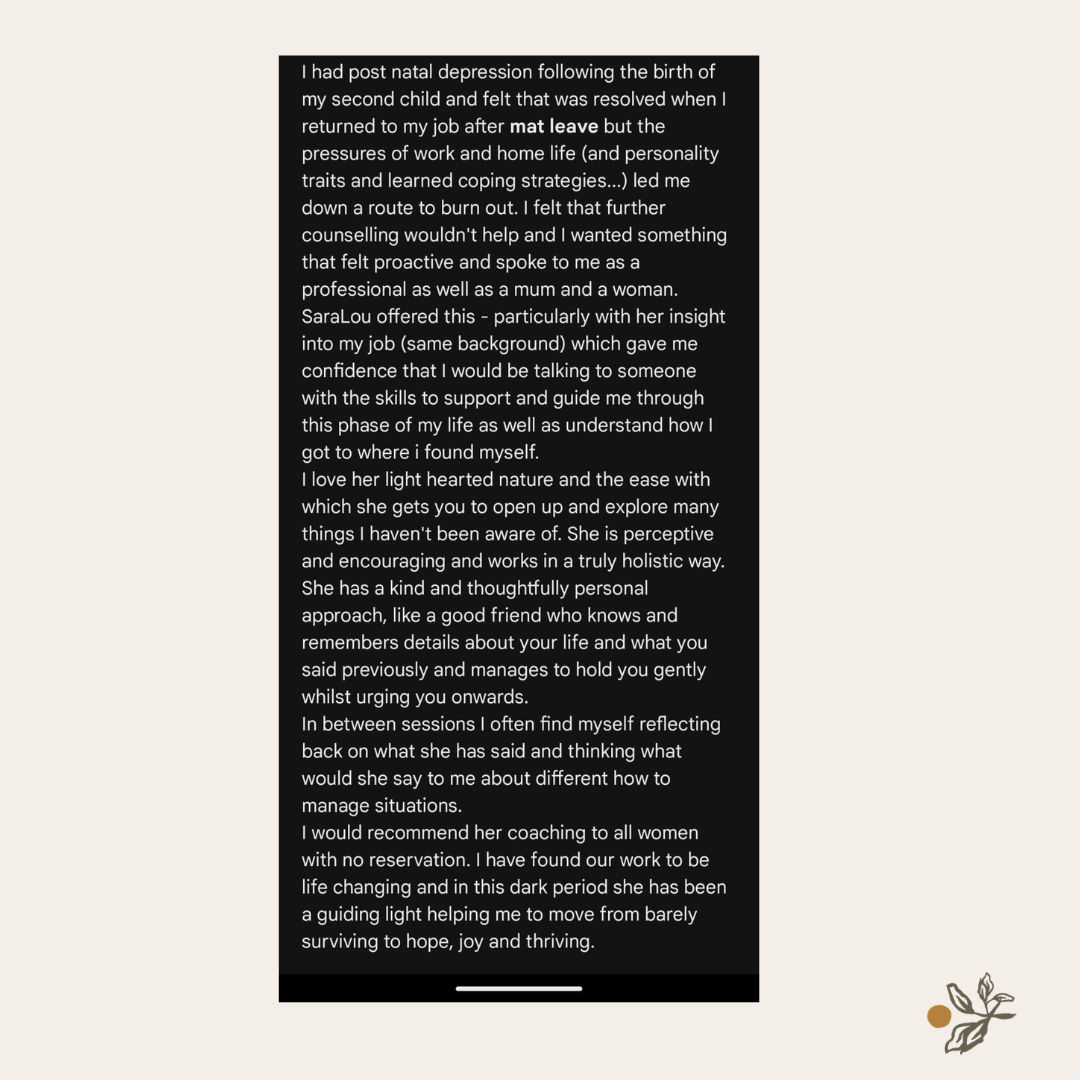 A person giving a positive testimonial about SaraLou, praising her calming and enthusiastic personality, her support, and encouraging tools for personal growth.