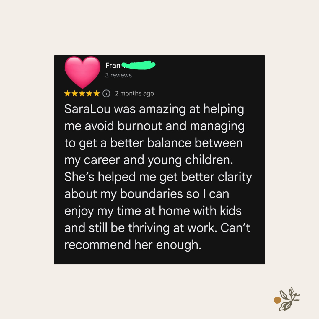 A testimonial text on a light pastel-colored background with a small circular photo of a woman sitting by the ocean, wearing sunglasses and a white dress, at the top center.