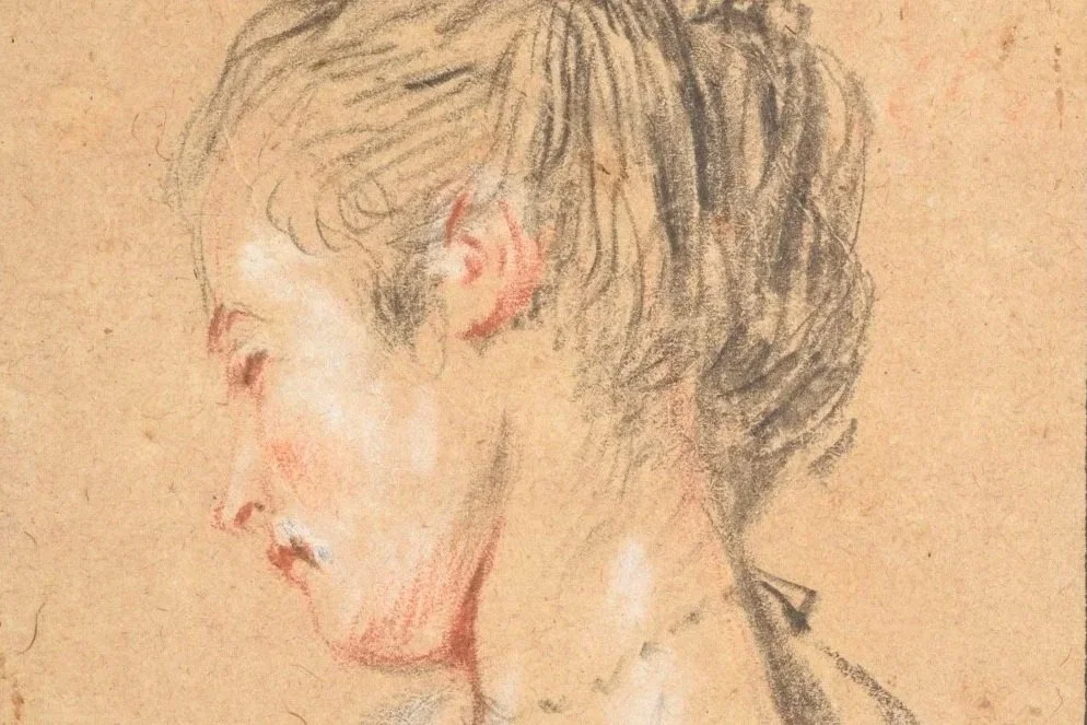 Antoine Watteau (1684-1721), Tête de femme tournée vers la gauche portant un collier