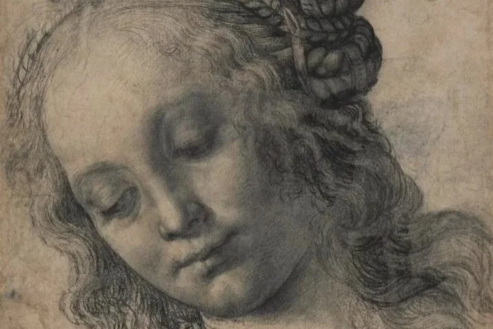 Andrea del Verrocchi (1435-1488), Head of a woman with elaborate coiffure; looking down slightly to left</span>