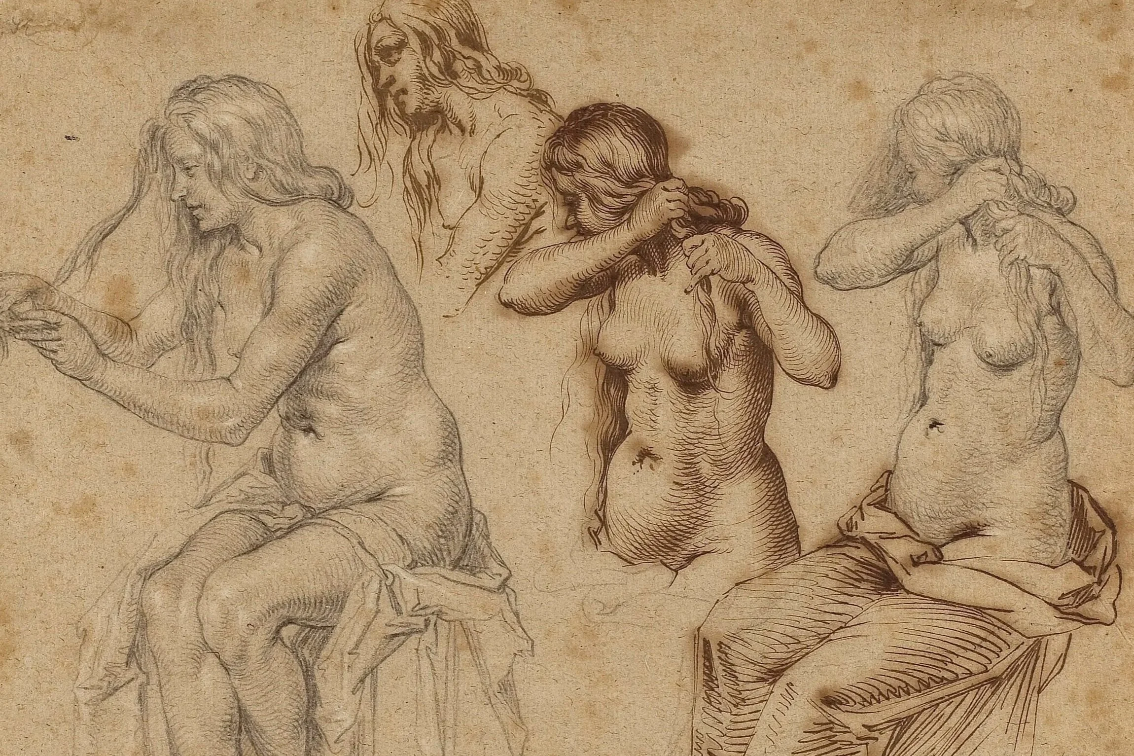 Jacques de Gheyn II (1565–1629), Four studies of a nude woman combing her hair, 1602–1603