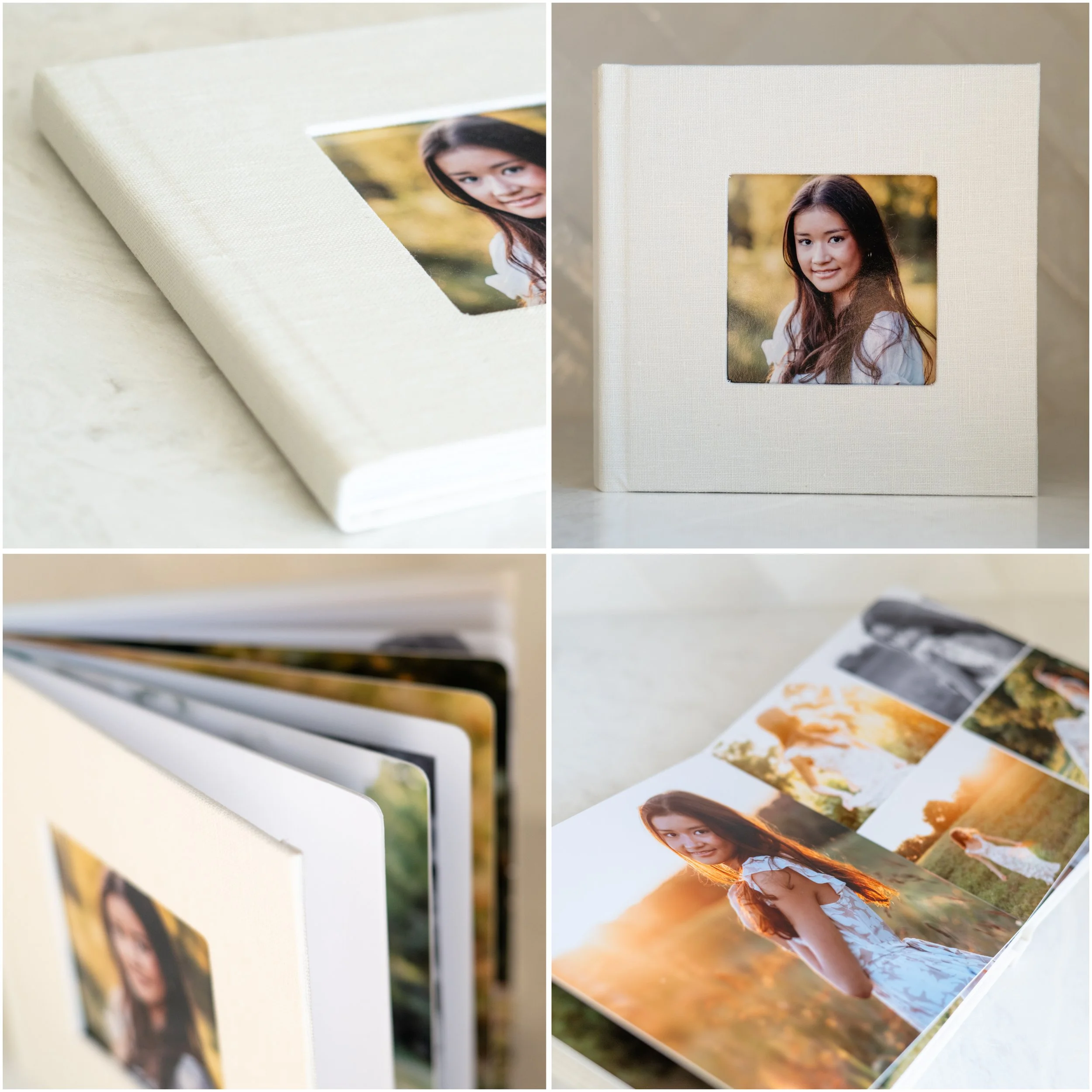 A photo album with a white fabric cover, featuring a cover photo of a young woman with long brown hair in a white dress outdoors during sunset. Inside pages display photos of the same woman in various outdoor settings at sunset, smiling and posing.