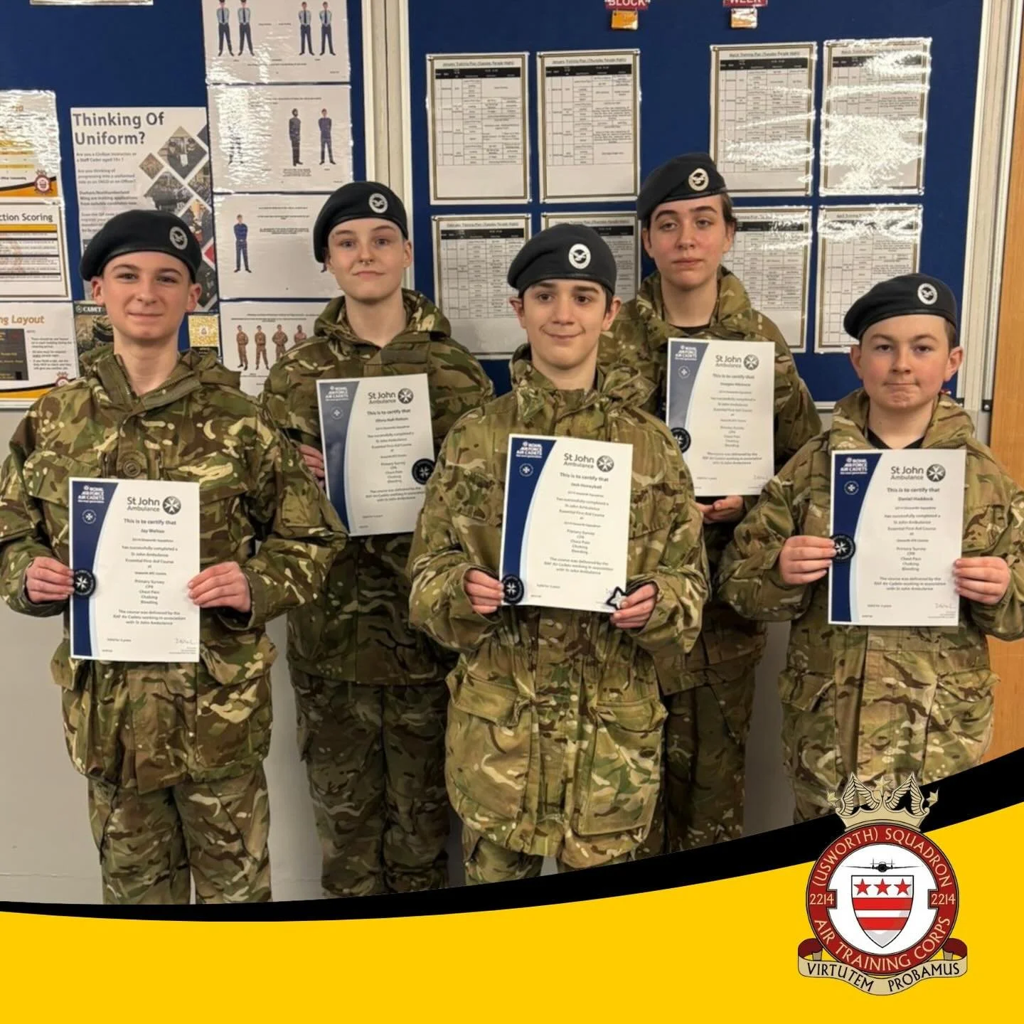 ⛑️ BADGES GALORE ⬆️

When we arrived back after Christmas, Flt Lt Siberry was pleased to present a number of new classification badges, as well as six Essential First Aid awards - all of which our cadets achieved in the closing weeks of 2025.

Well d