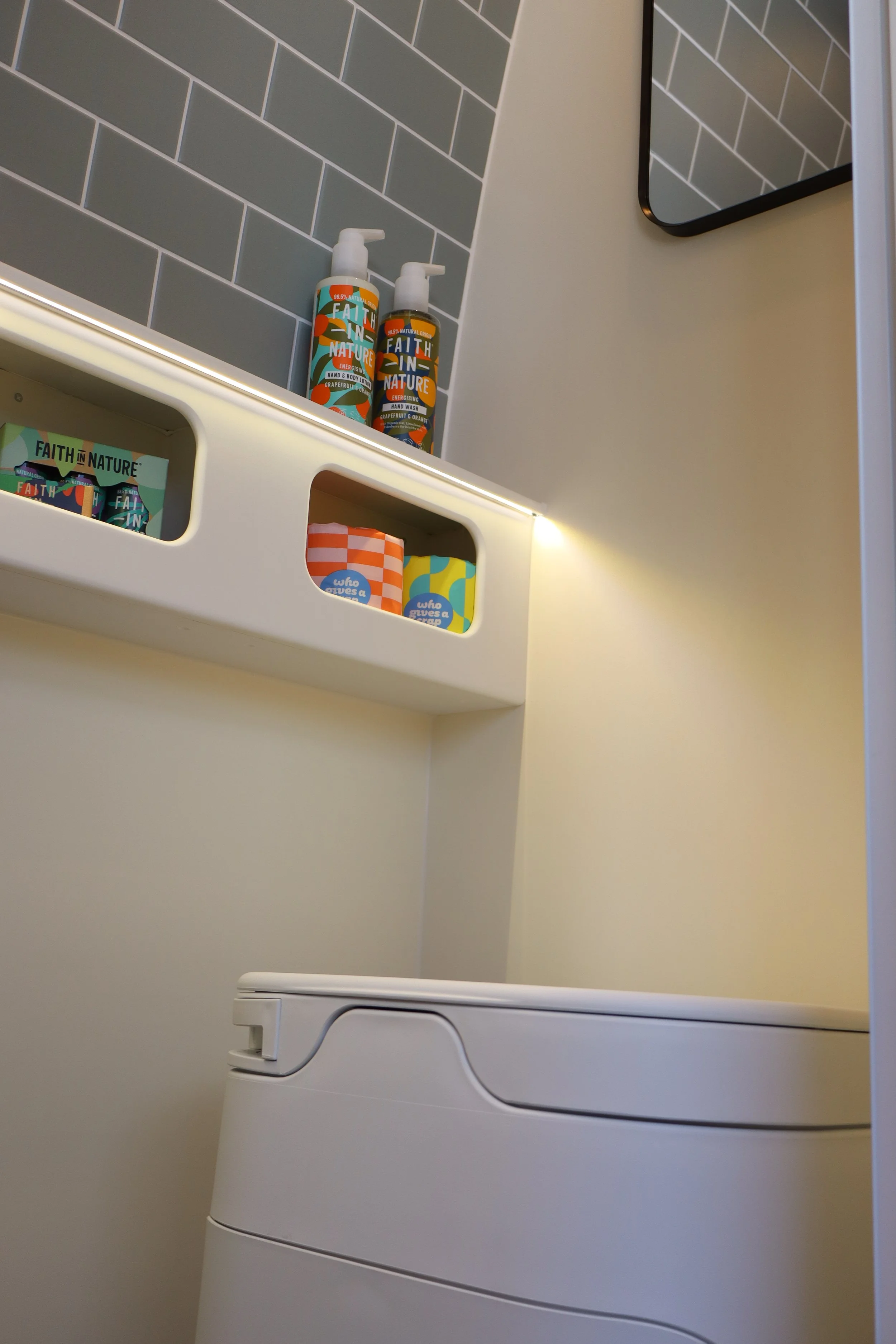 Modern campervan bathroom in the Albatross Wander Edition, with a black showerhead, compact white sink, matte black faucet, and ceiling lighting.