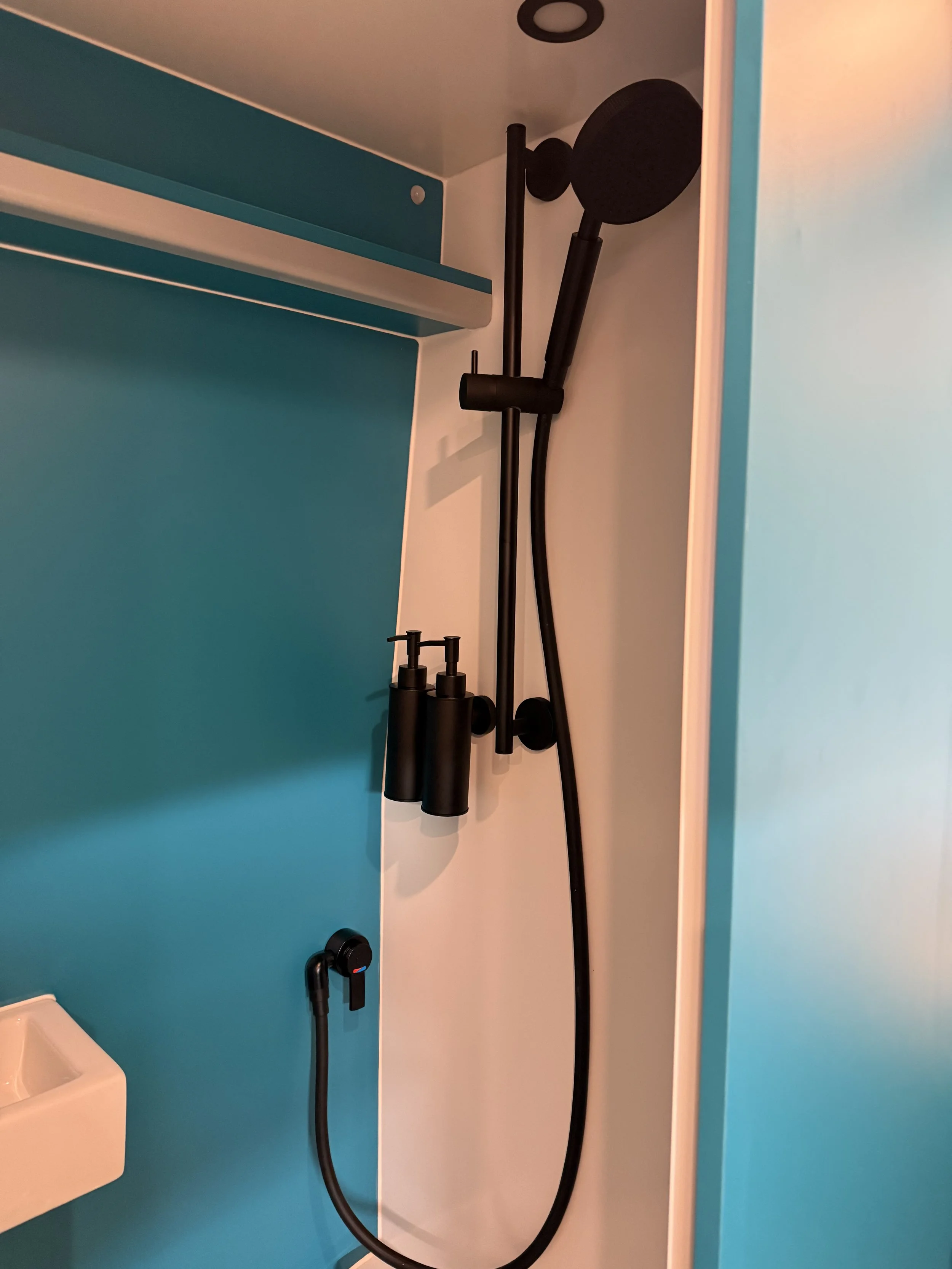 Modern campervan bathroom in the Albatross Wander Edition, with a black showerhead, compact white sink, matte black faucet, and ceiling lighting.