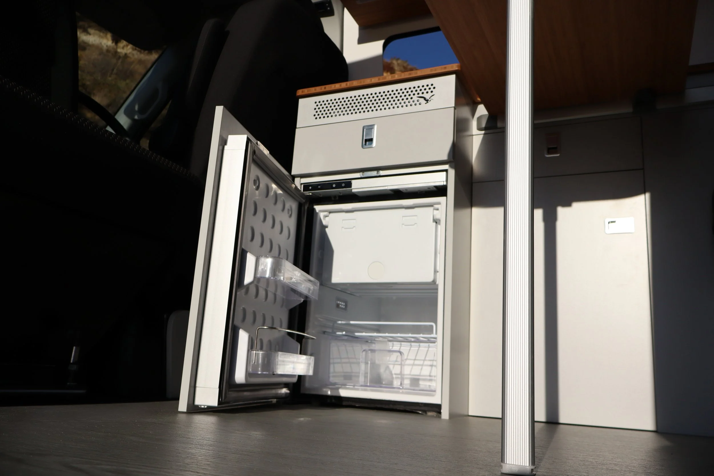 Integrated fridge freezer in the campervan