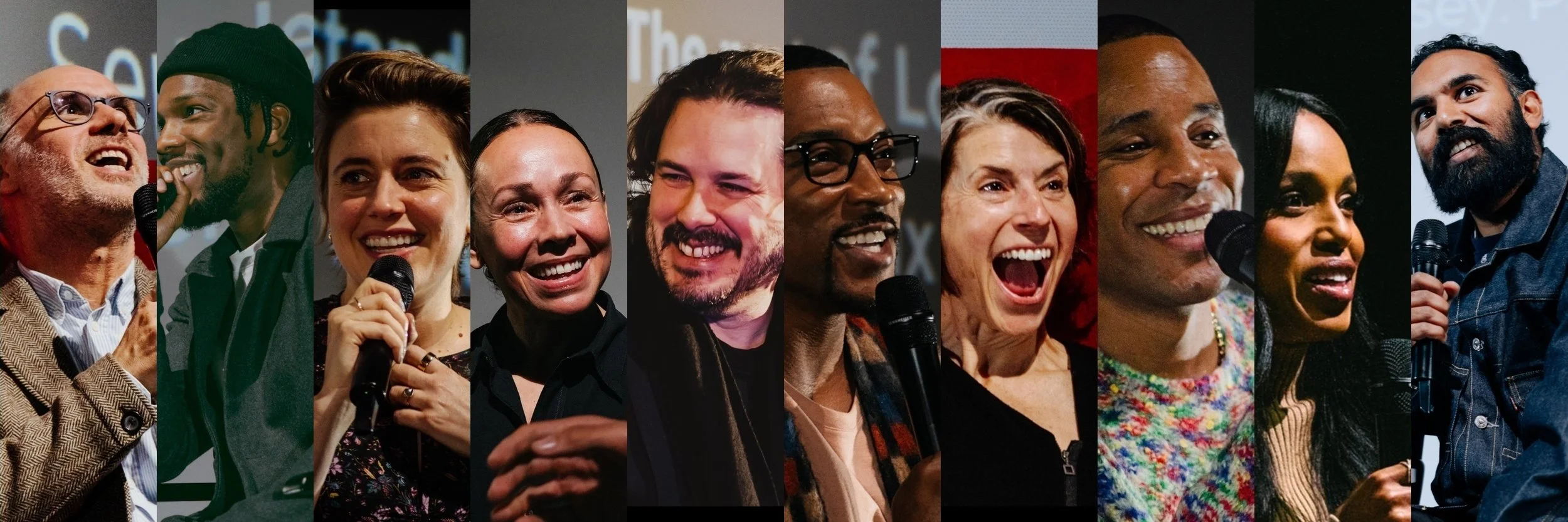 A diverse group of people speaking and smiling at a conference or event, each holding a microphone.