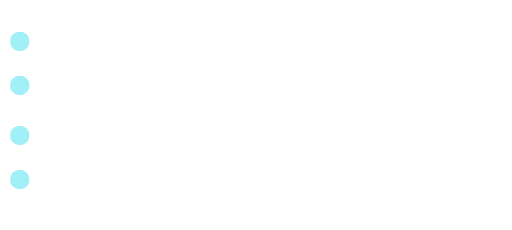 List of  RV Tank plumbing issues, including slow draining sinks or shower, toilet backing up, tanks not fully emptying, and frequent need to rinse repeatedly.