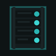 A dark-colored list with five entries, each with a circle icon on the right side. The circles are filled with a light blue color.