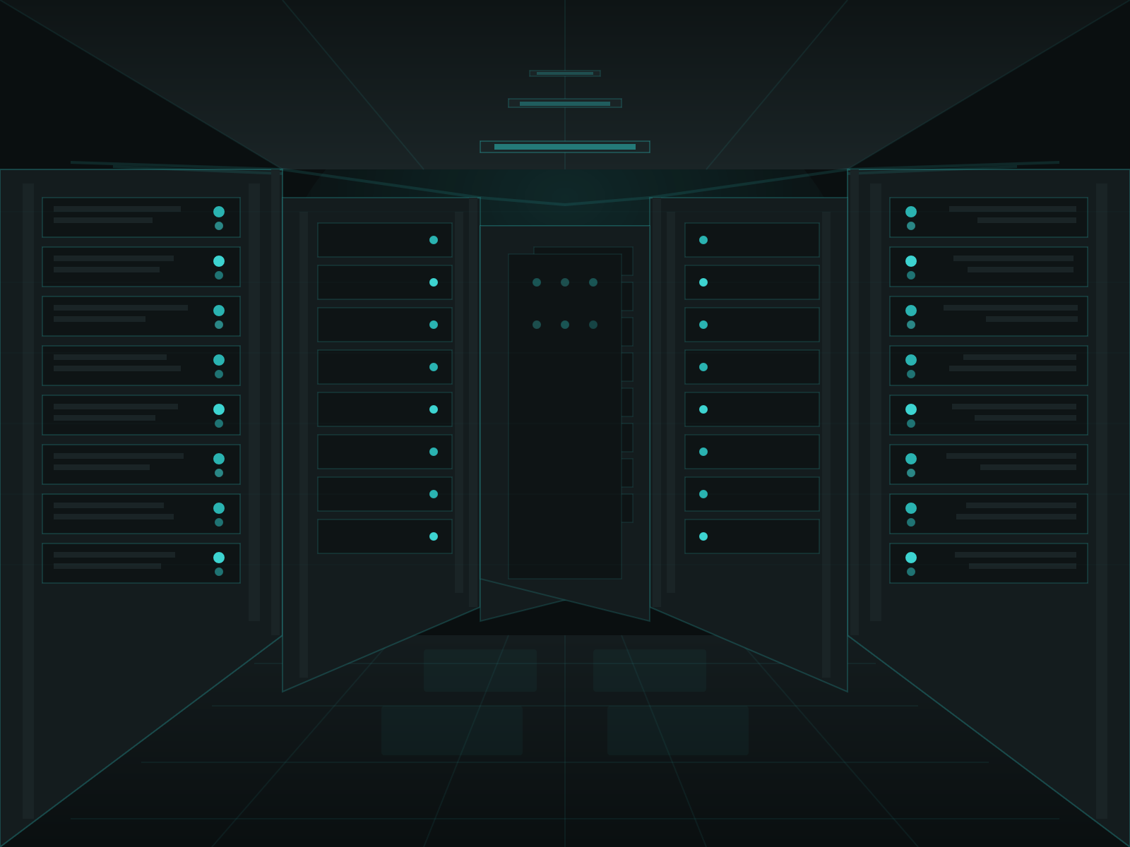 A digital illustration of a futuristic server room with multiple server racks glowing with blue highlights.