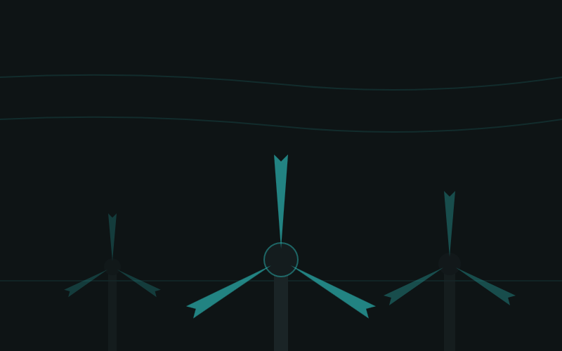 Illustration of three wind turbines against a dark sky with faint lines above.