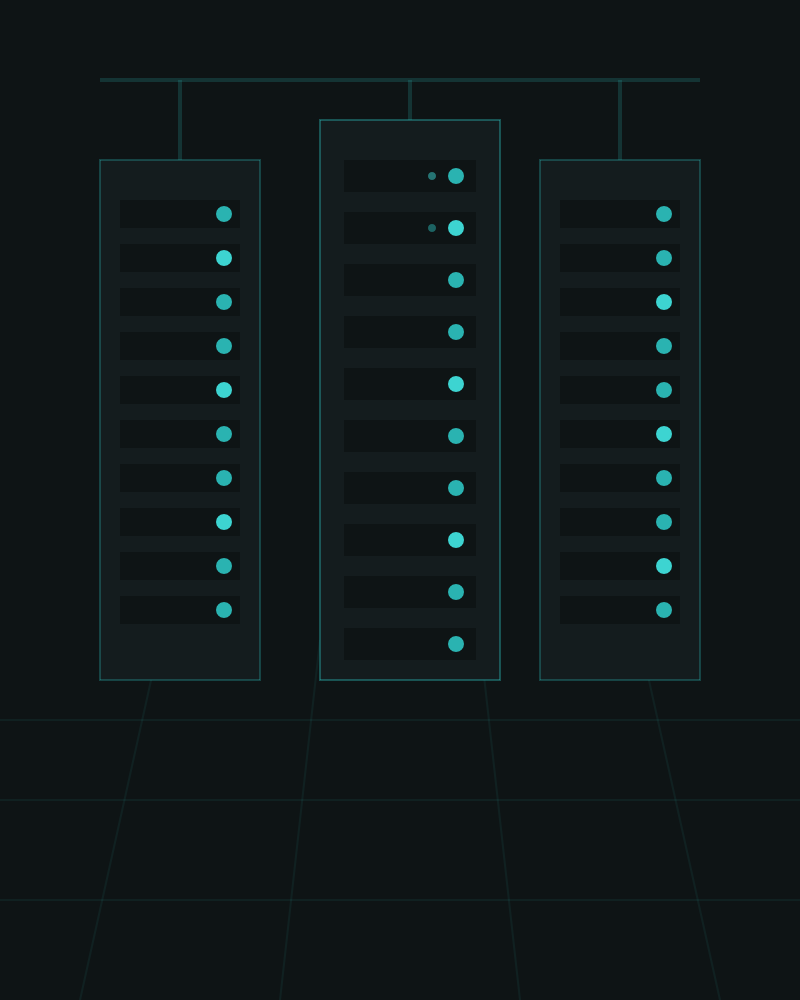 A digital illustration of three server racks with glowing blue indicator lights, connected by lines at the top, set against a dark grid background.