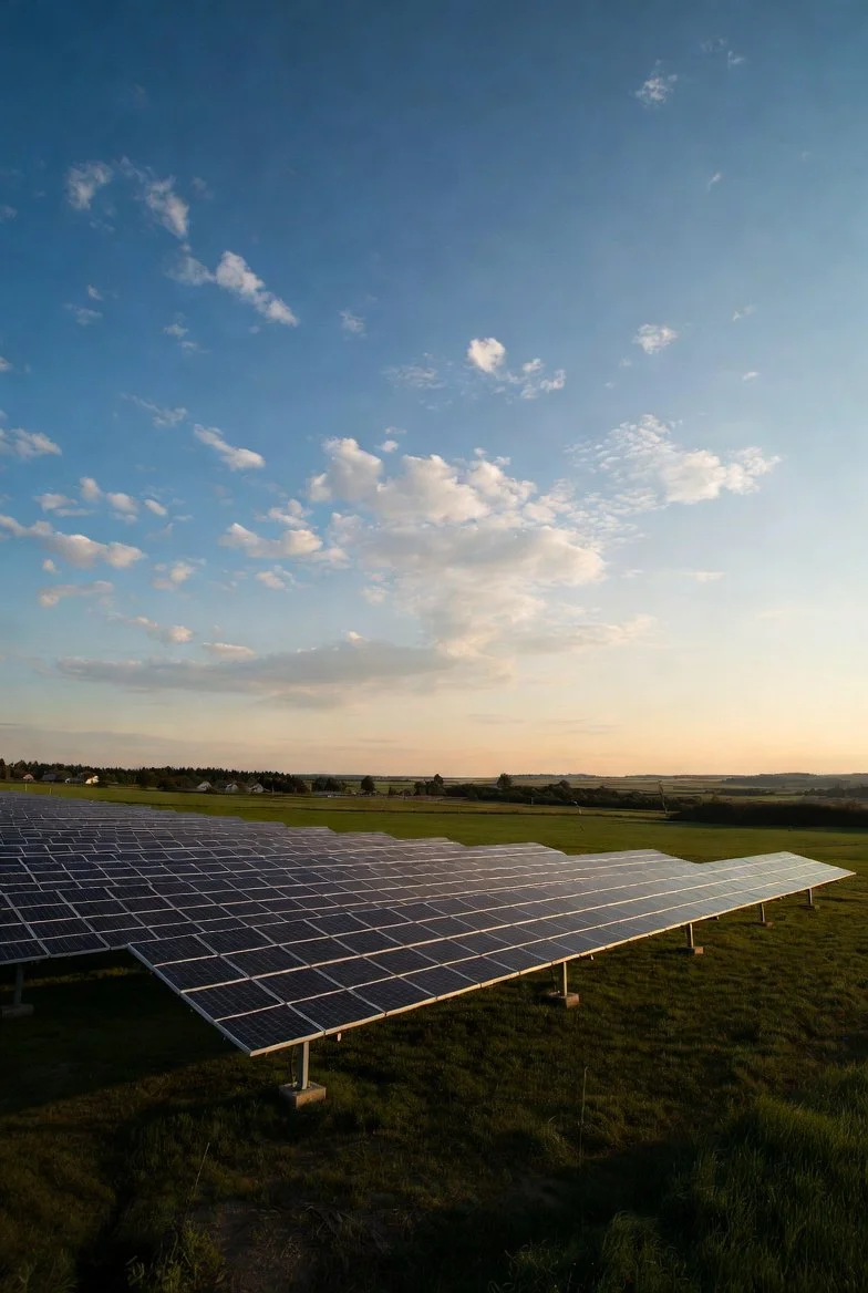Solar panels installed on a grassy field under a partly cloudy sky at sunset.