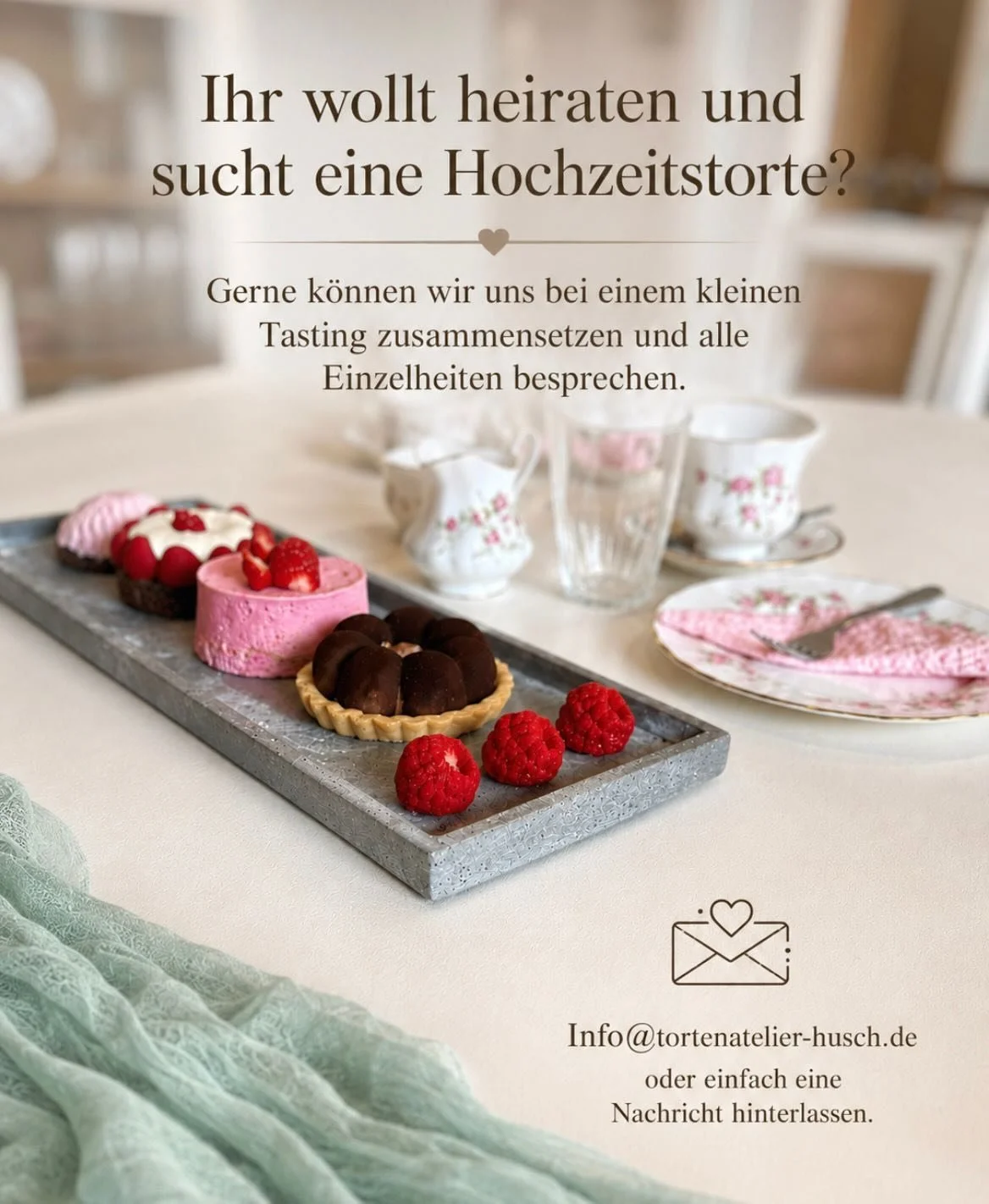 Schreibt mir jederzeit gerne eine Nachricht &ndash; hier bei Instagram oder per E-Mail an die im Bild angegebene Adresse. 😊

Ganz egal, ob ihr schon eine genaue Vorstellung von eurer Wunschtorte habt oder noch v&ouml;llig am Anfang steht: Gemeinsam 