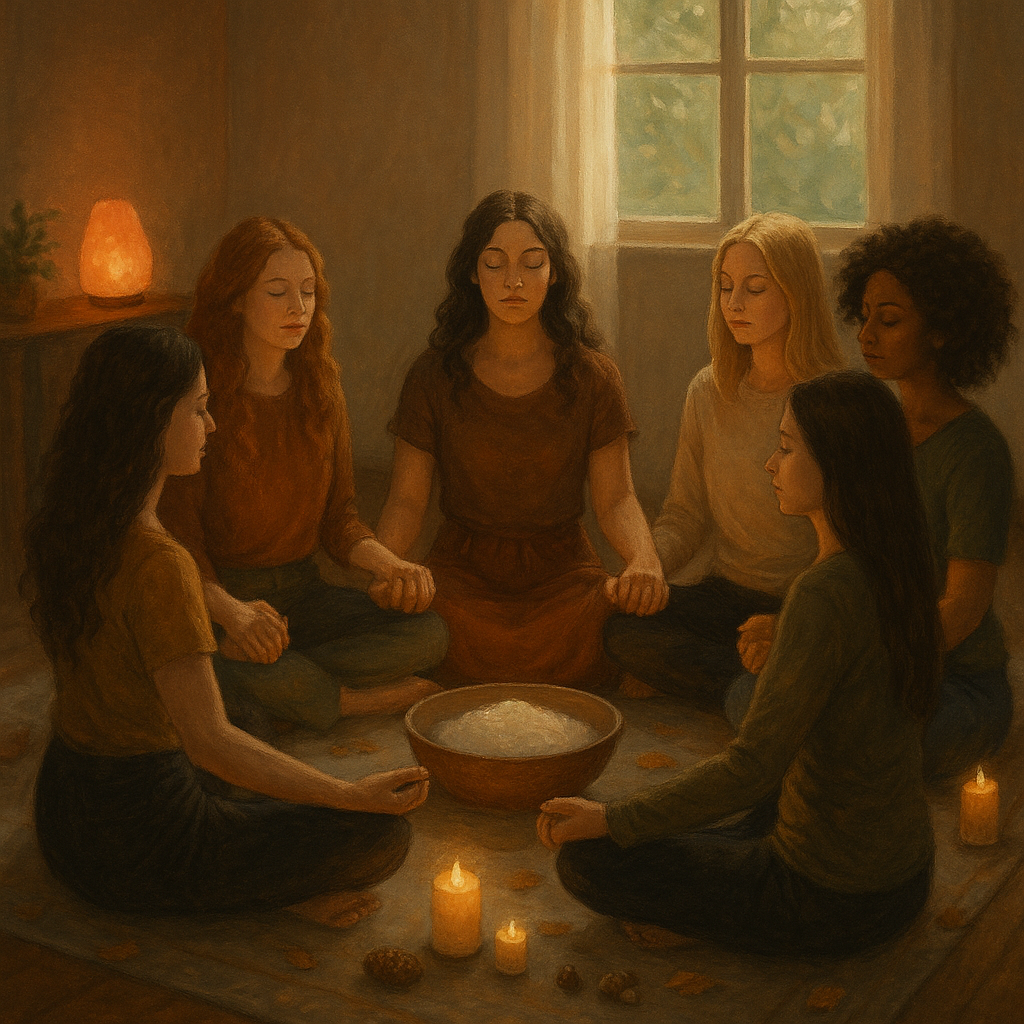 Seven women are seated in a circle on a rug, holding hands with eyes closed, in a dimly lit room with candles and a bowl in the center, possibly performing a ritual or meditation.
