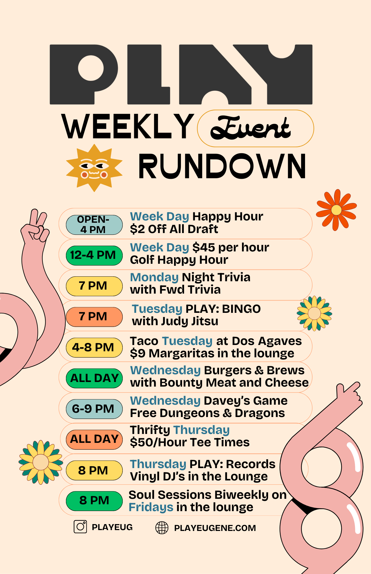 Happy Hour, Trivia, Bingo, DJ, Eugene, Taco Tuesday, Burger and Brew, Events