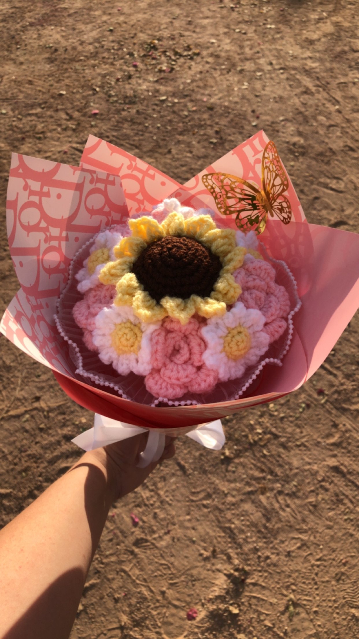 Crochet Sunflower and Pink Rose Flower Bouquet