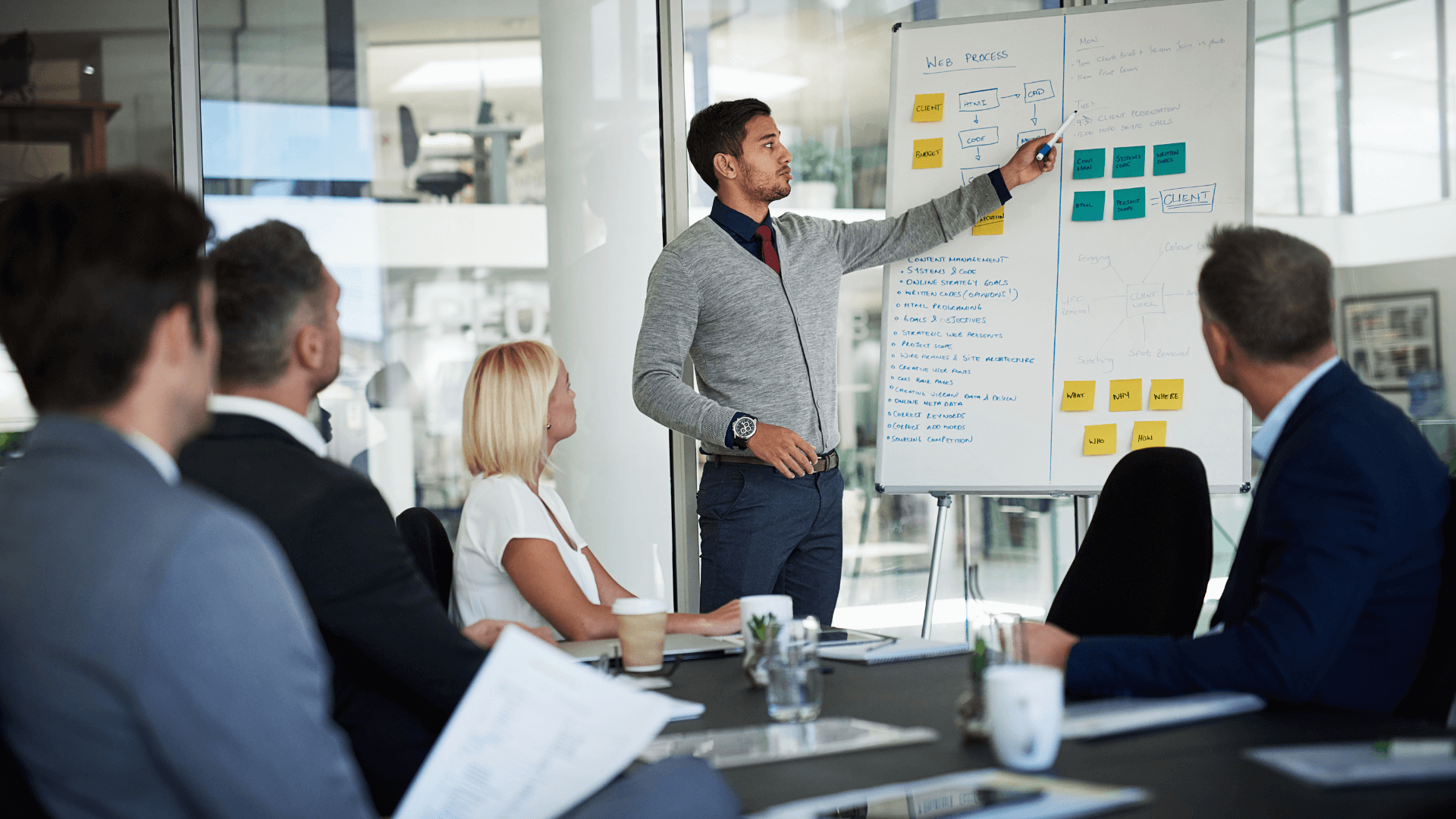 Employees having a meeting with one person presenting in front