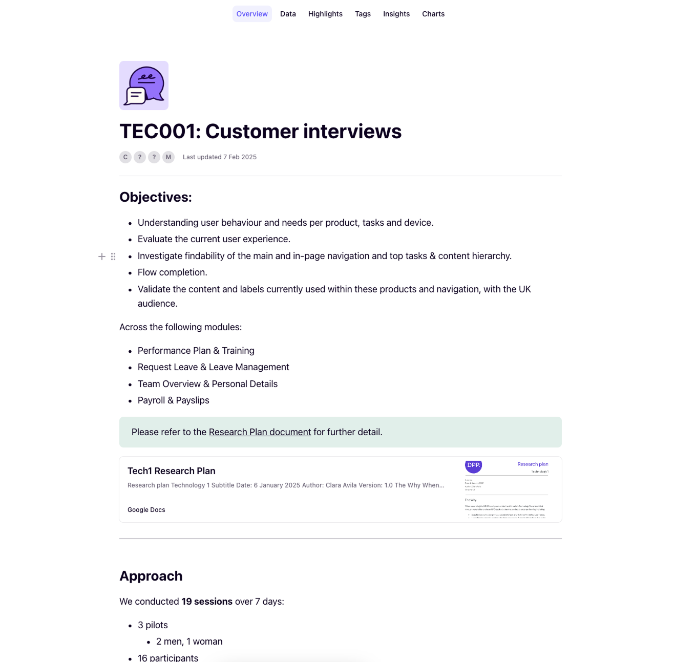 Screenshot of a user research plan