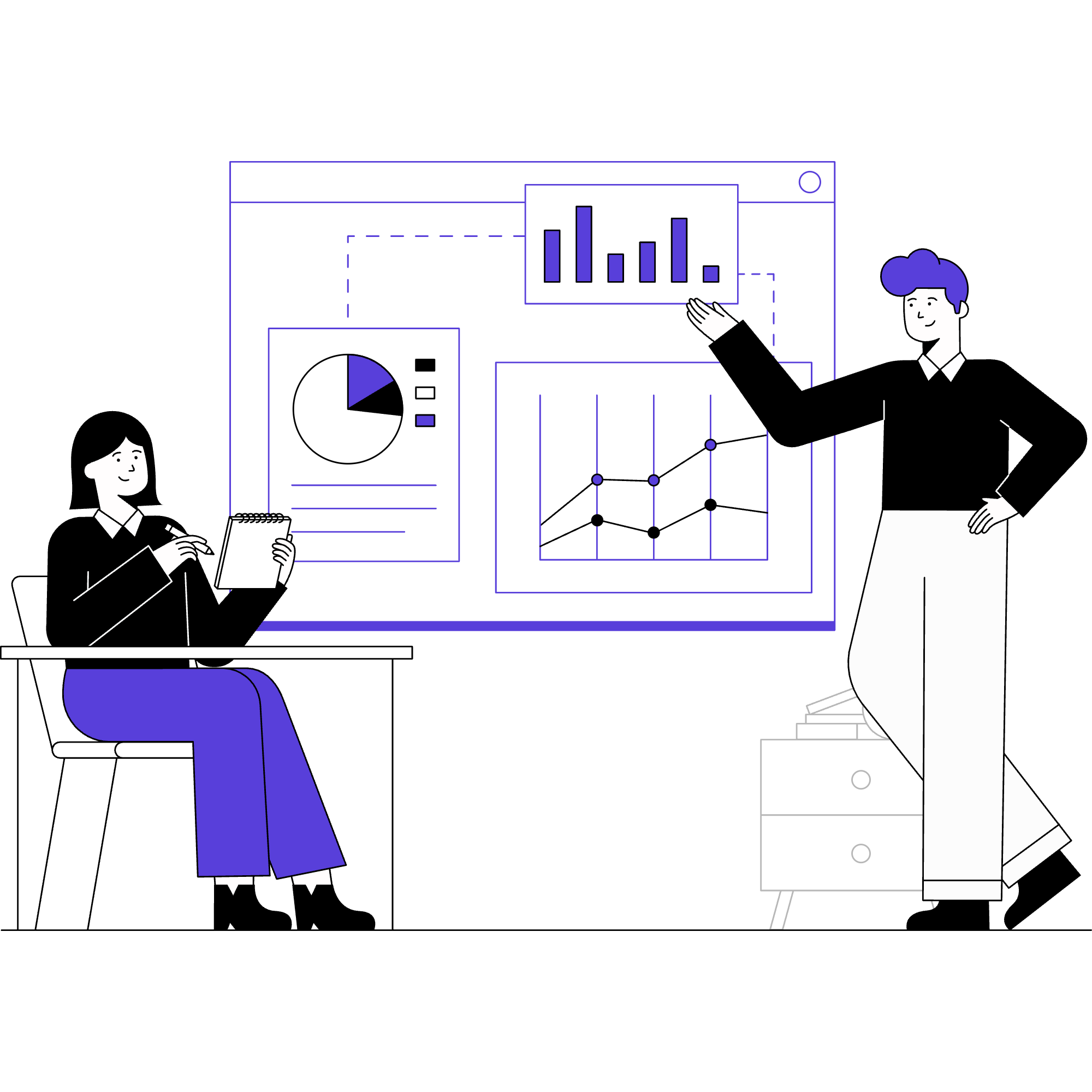 Colour illustration of two people, one sitting and one standing, in front of a large image of charts and notes on the wall.