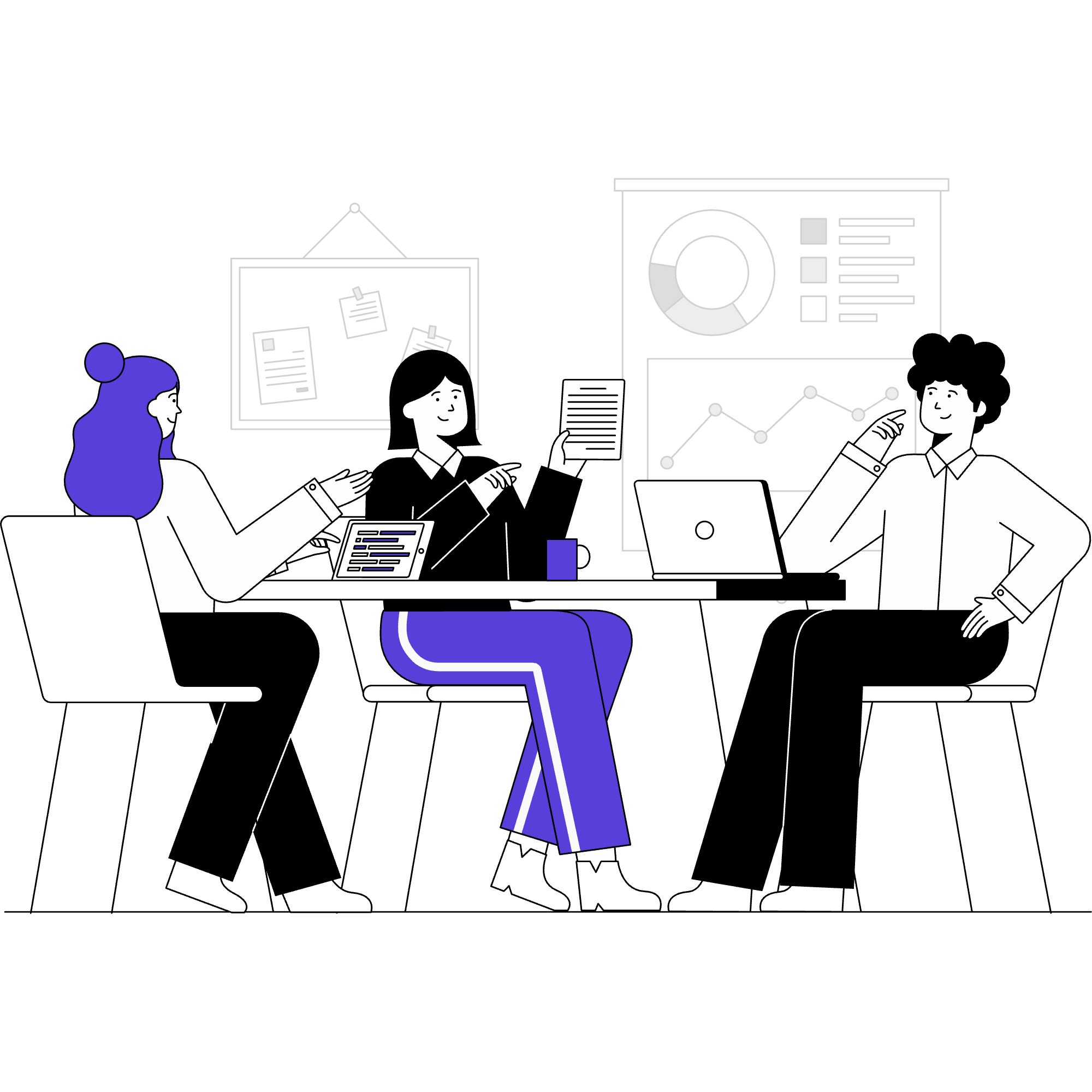 Colour illustration of three people sitting around a table with laptops and tablets, and charts and notes hanged on a wall behind them.