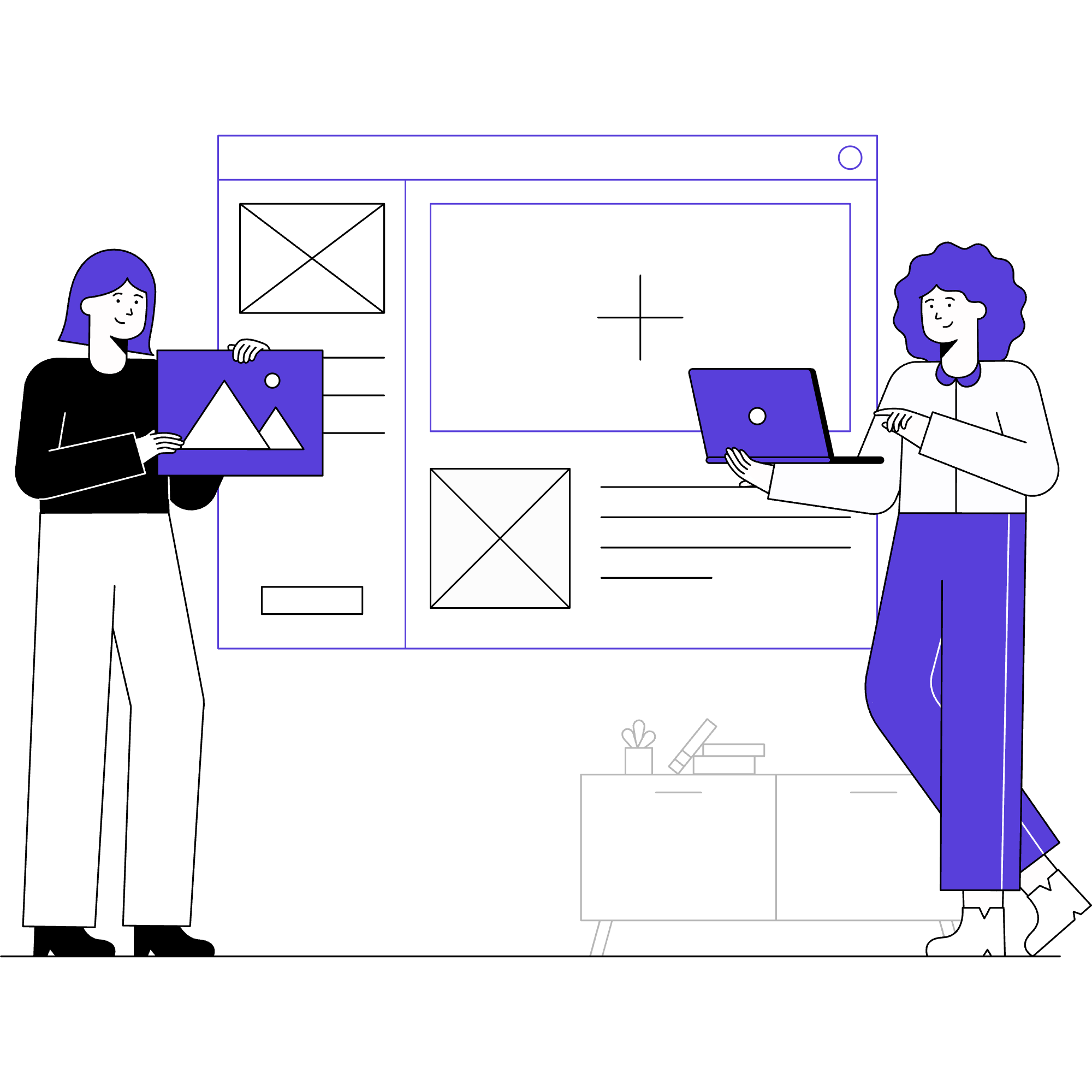 Colour illustration of two people holding a laptop and an image, standing in front of a wireframe sketch.