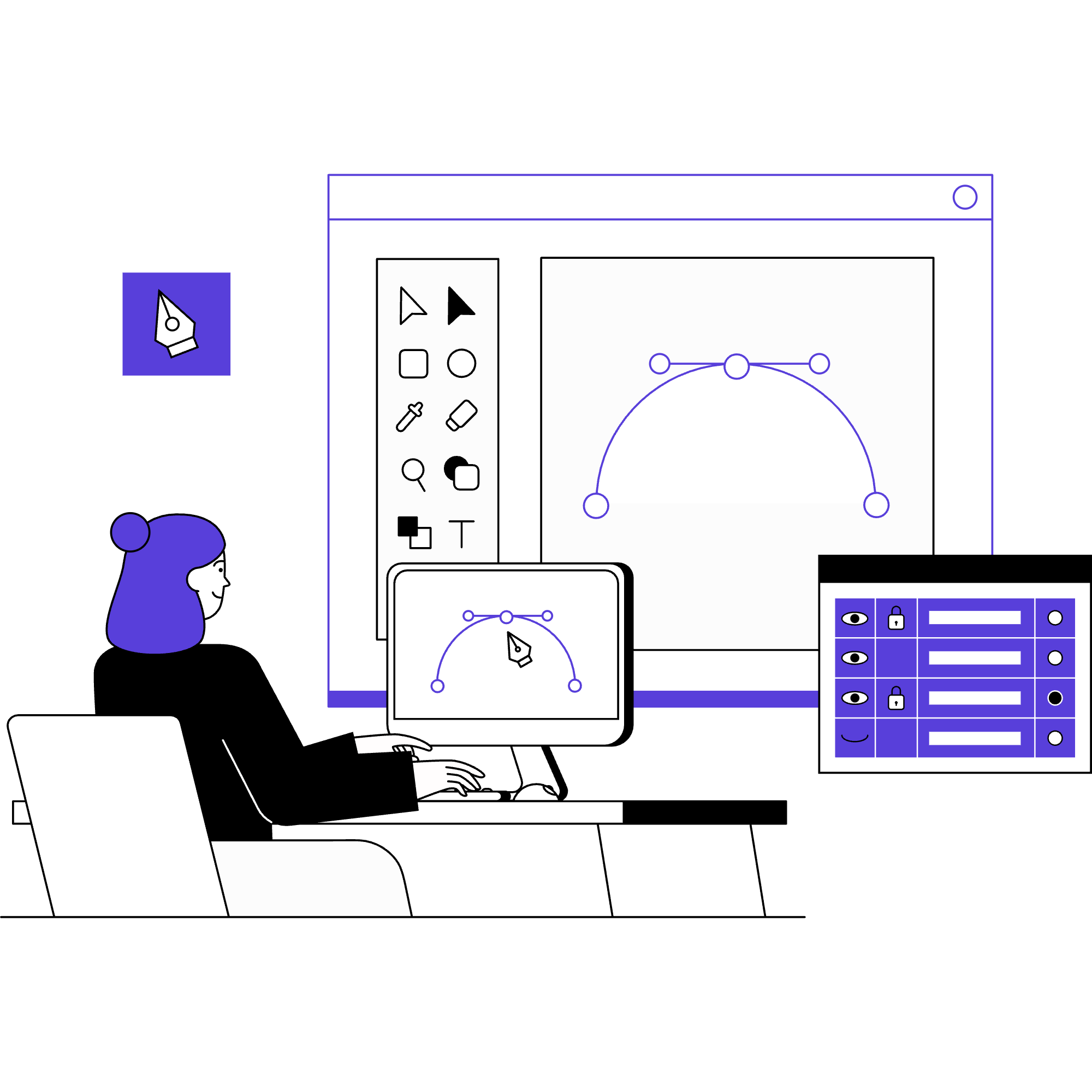 Colour illustration of a person sitting in front of a desktop computer, surrounded by images of design software interfaces.