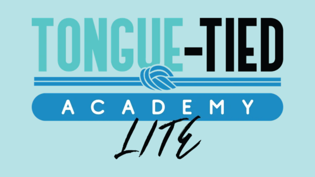 Logo for Tongue-Tied Academy with a blue background, featuring a stylized knot resembling a ball of yarn, and text in various fonts spelling out 'Tongue-Tied Academy Lite'.