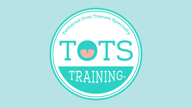 A logo for TOTS Training, a program focused on tethered oral tissues, featuring teal and pink colors with an abstract tongue illustration.