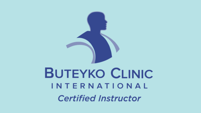 Logo for Buteyko Clinic International featuring a silhouette of a person's profile with text indicating certification as a Buteyko Clinic International Certified Instructor.