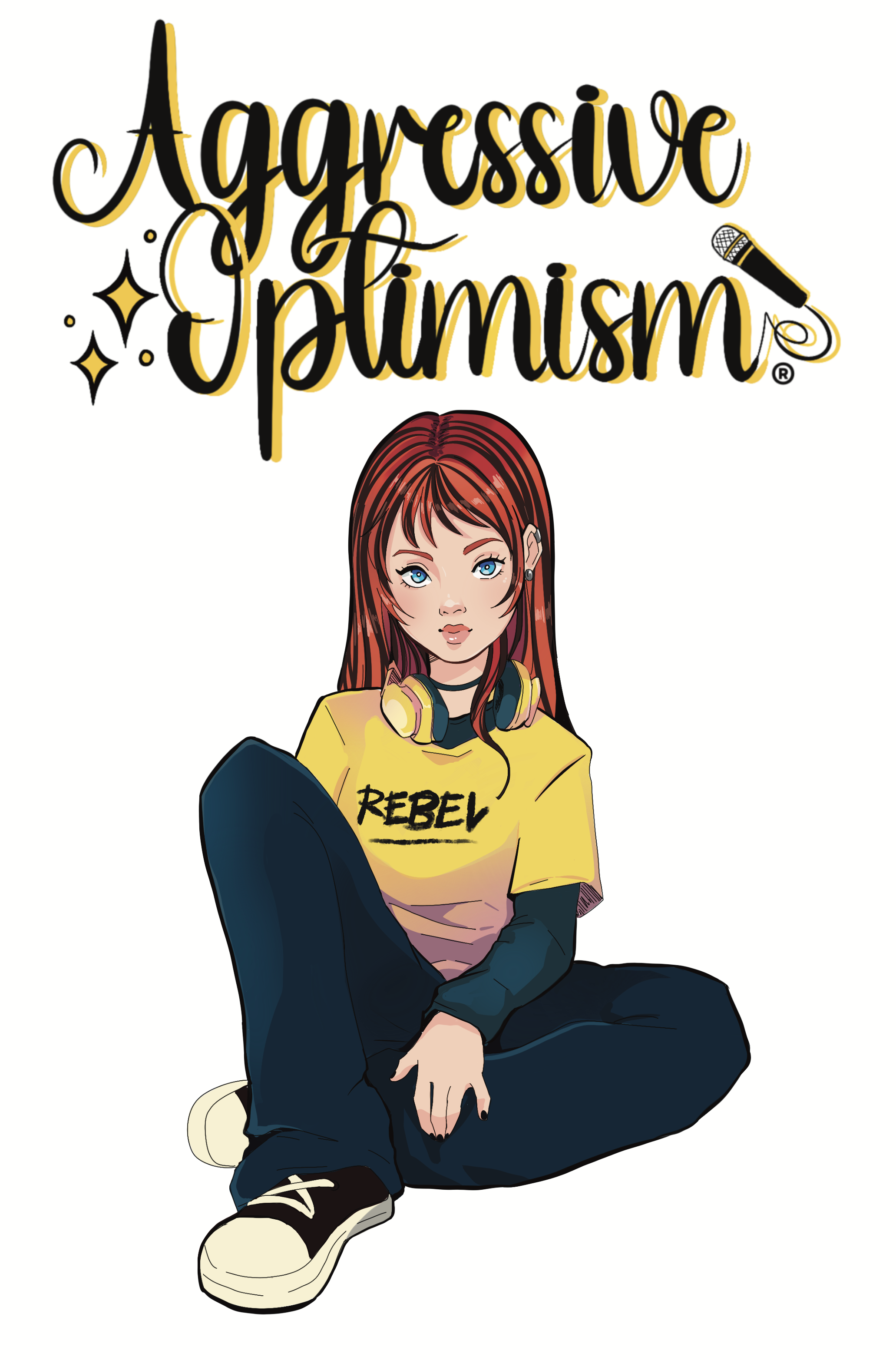 a graphic novel style rendering of the Aggressive Optimism® logo and the main character, Nif. Art done by Nicole Becker.