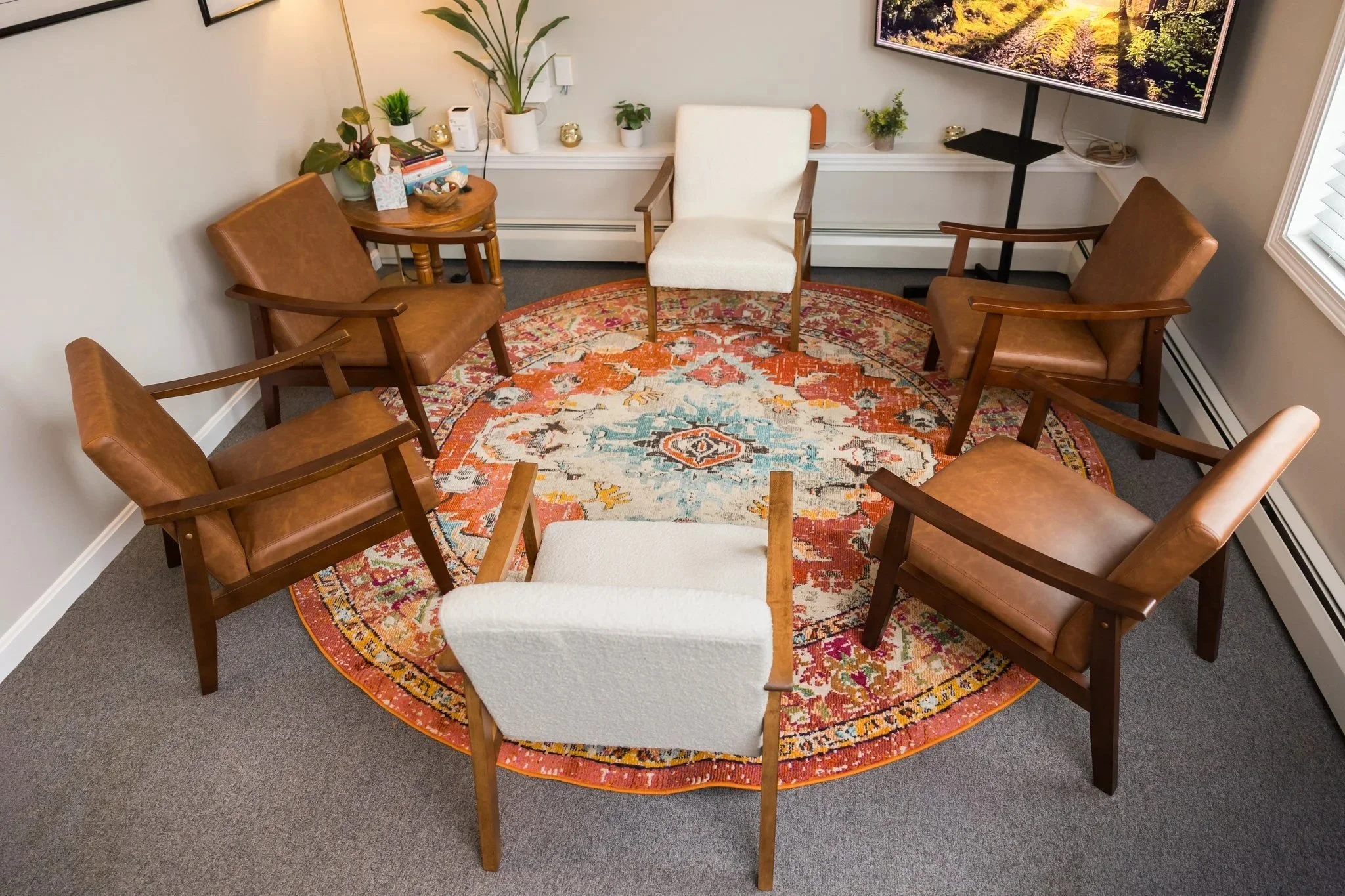 Group therapy chair circle in Emily Hope Counseling office space, located in Windham, Maine