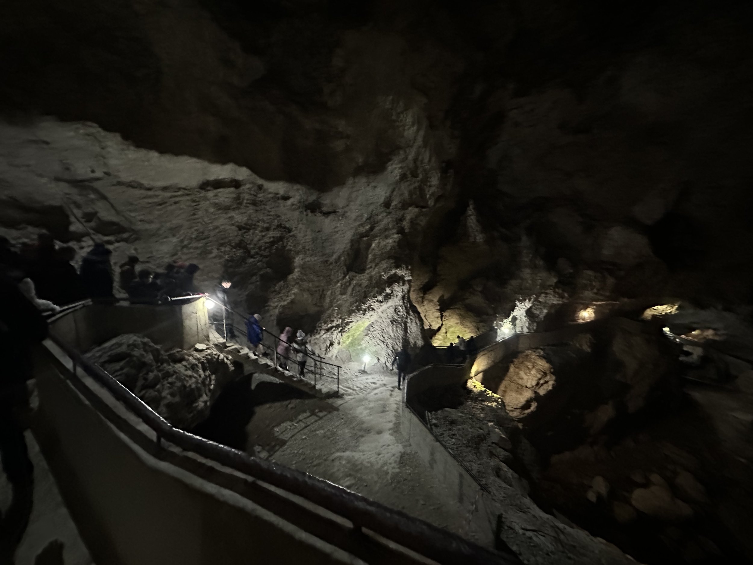 Interior of a dimly lit cave with stalactites and stalagmites, people walking on a path with railing, illuminated by artificial lights.