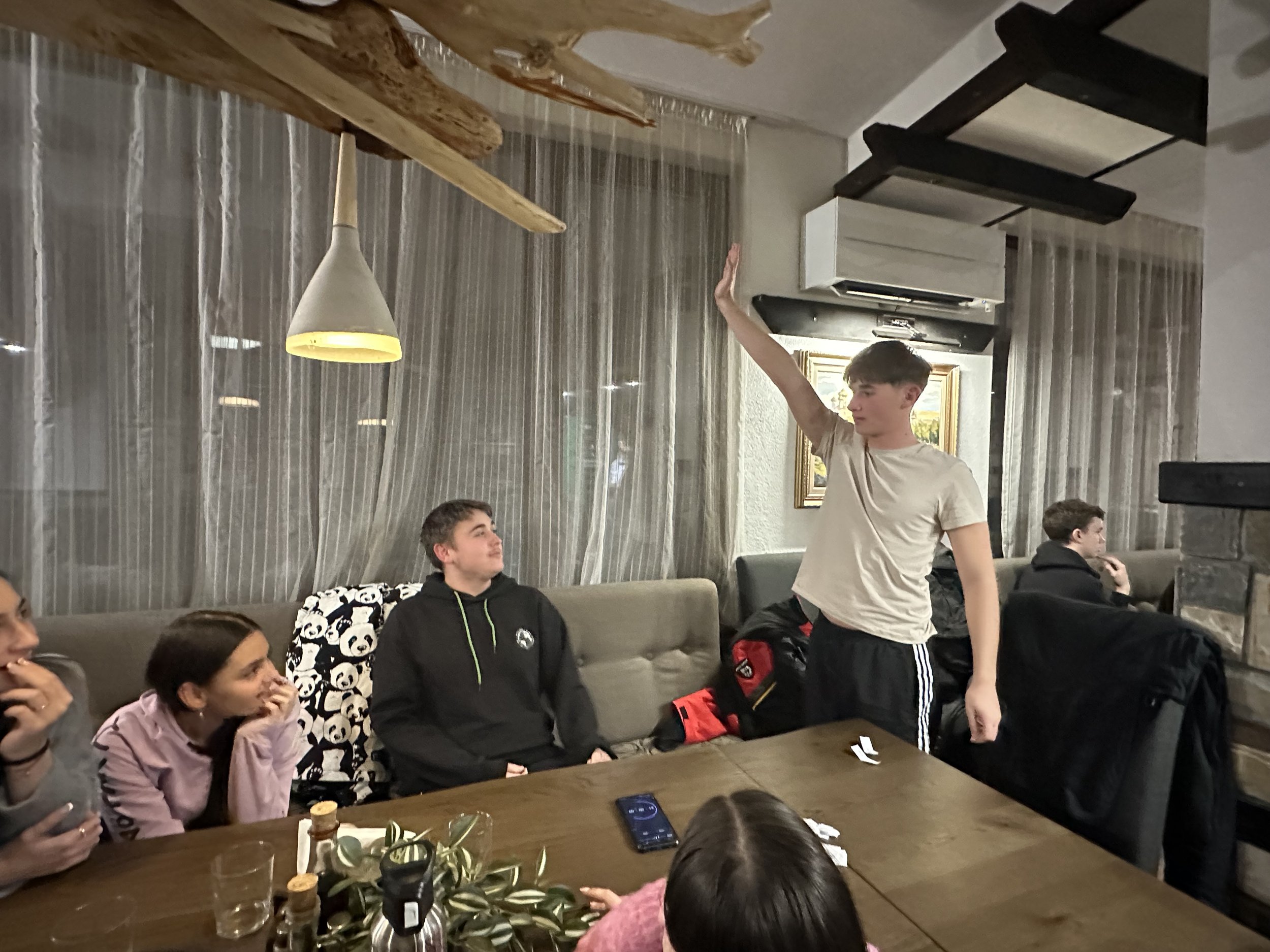 A group of people sitting around a wooden table in a cozy room with a modern light fixture and curtain. One person is standing and extending their right arm upward. The table has various items, including a plant and condiments. Some individuals are e