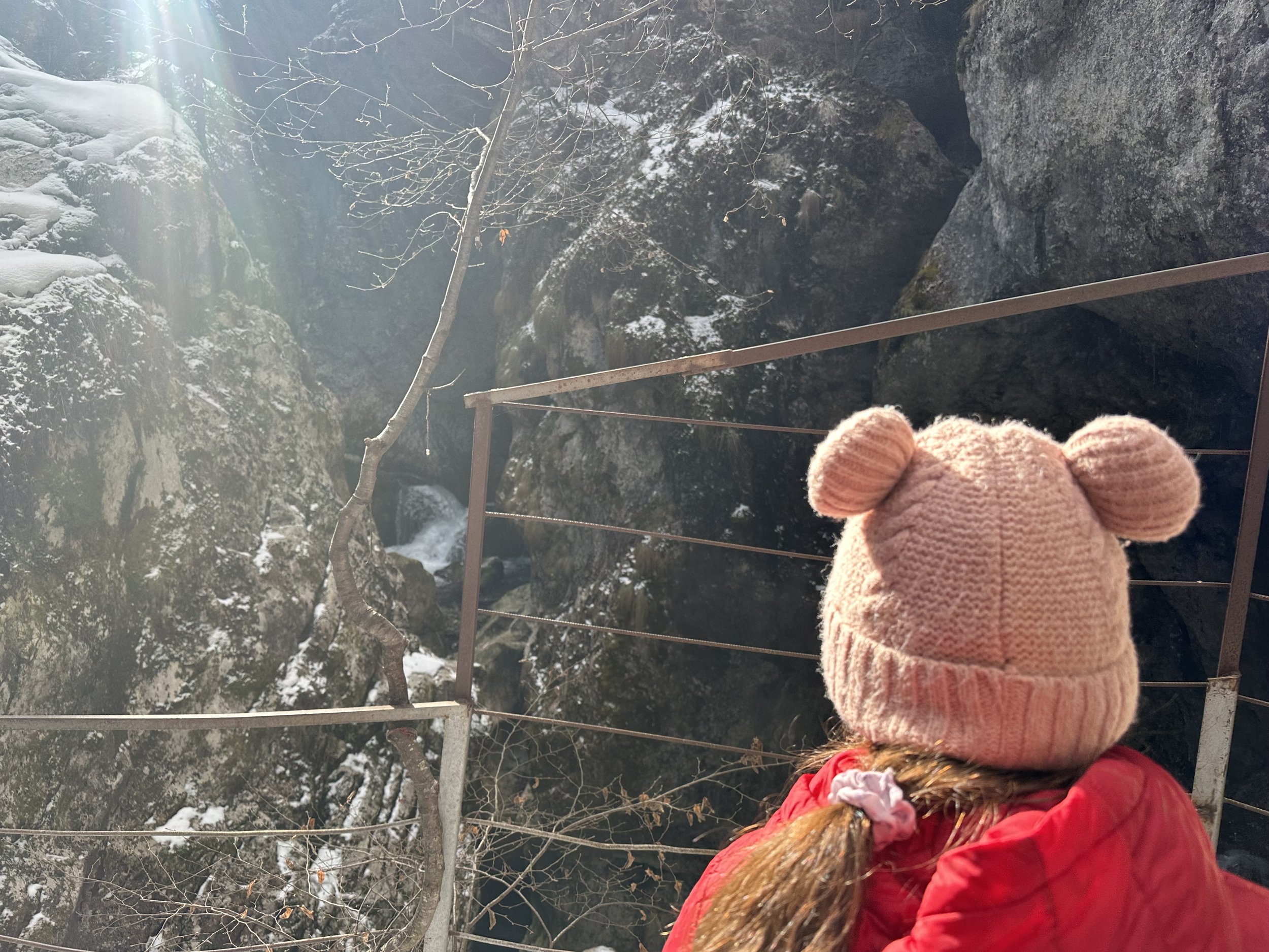 Child in red coat and pink hat with ears facing a railing with rocky terrain and snow in the background.