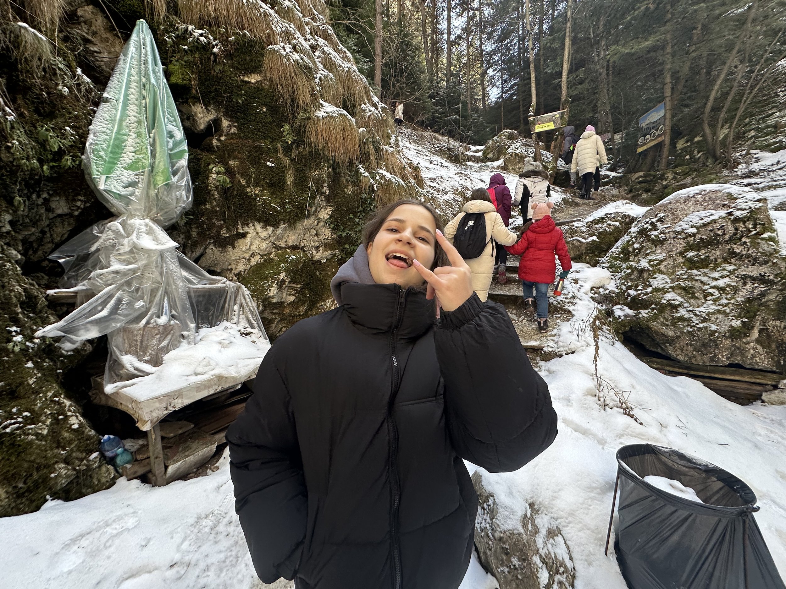A person wearing a black jacket posing in a snowy woodland area. A group of people is walking in the background, wearing colorful winter clothing. Snow-covered rocks and trees surround the scene.