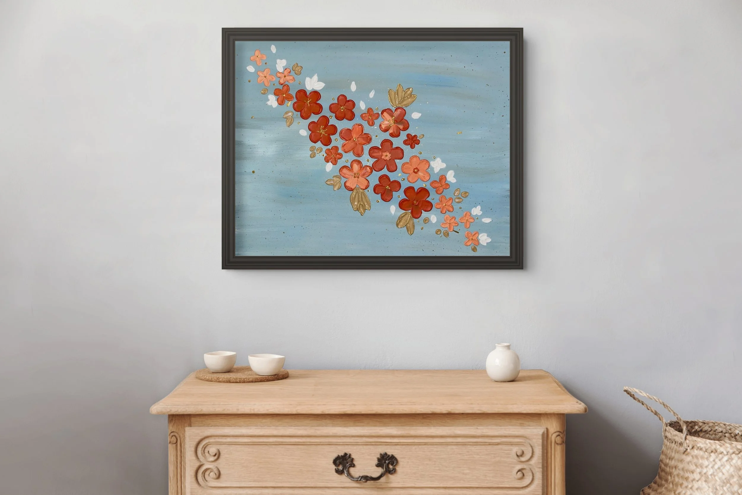 Azure Blooms: An Original 3-D Framed Floral Abstract Artwork
