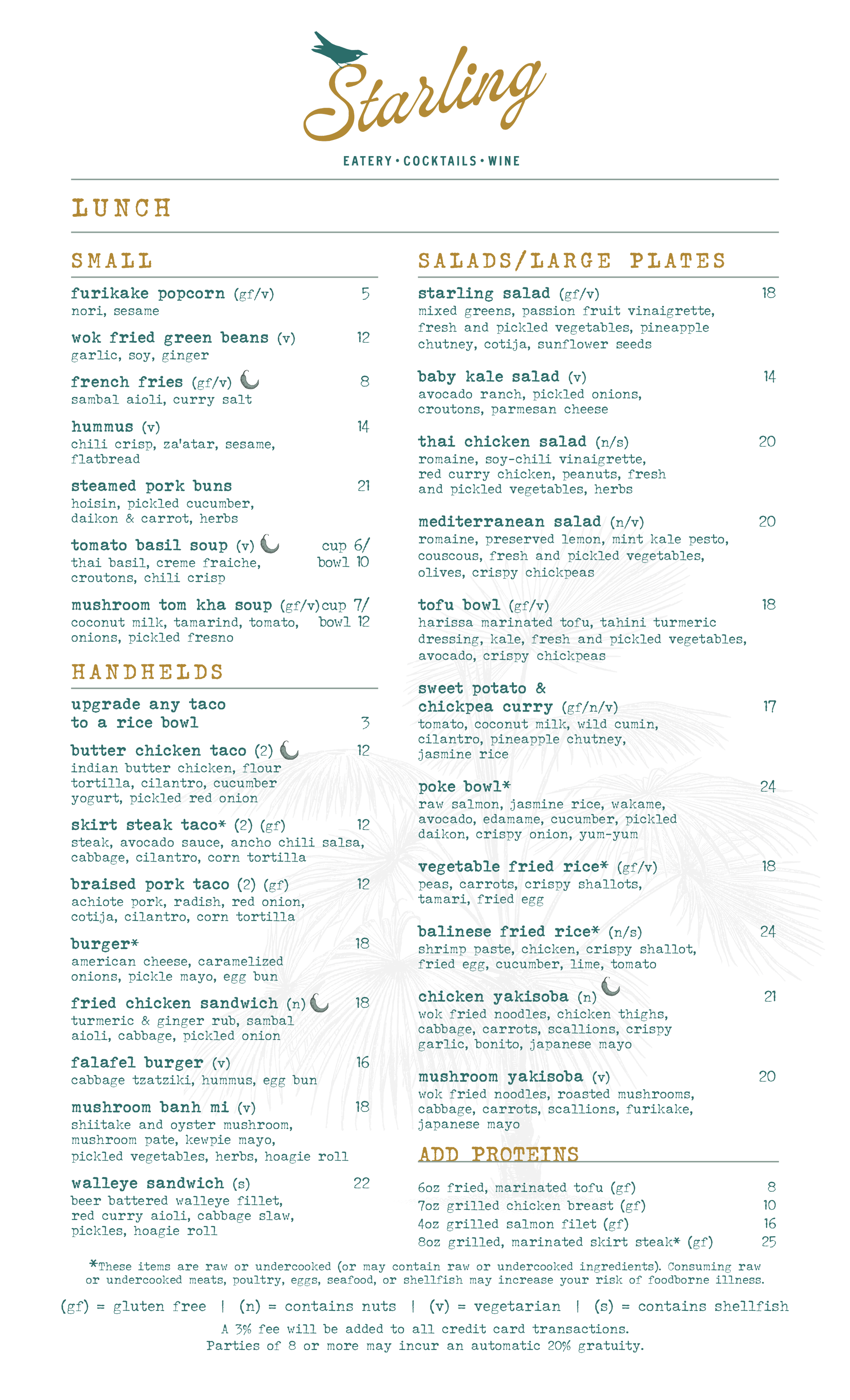 Menu board for Starling eatery, featuring sections for lunch, salads, large plates, handholds, and add proteins, with options like poke bowl, chicken tacos, salads, fried rice, grilled salmon, and marinated tofu.
