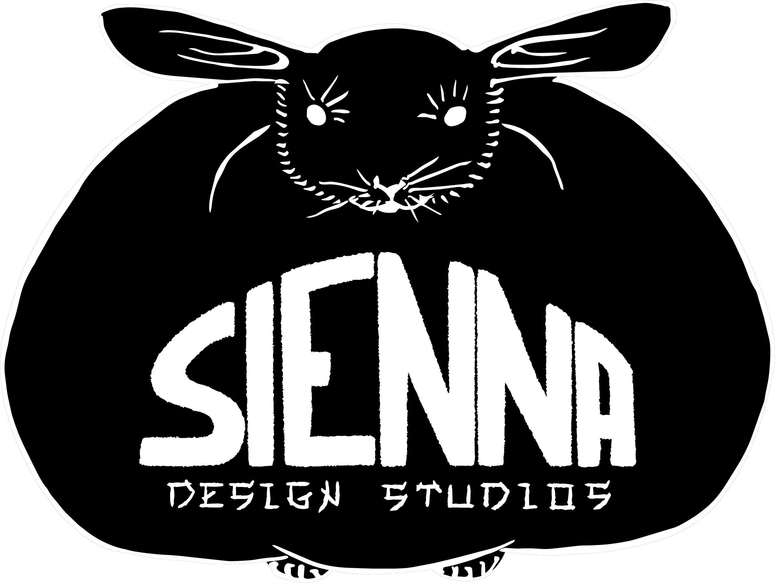A black and white illustration of a mouse with large ears, whiskers, and a tail. The mouse is holding a pumpkin with the words 'Sienna Design Studios' inside it, written in stylized letters.