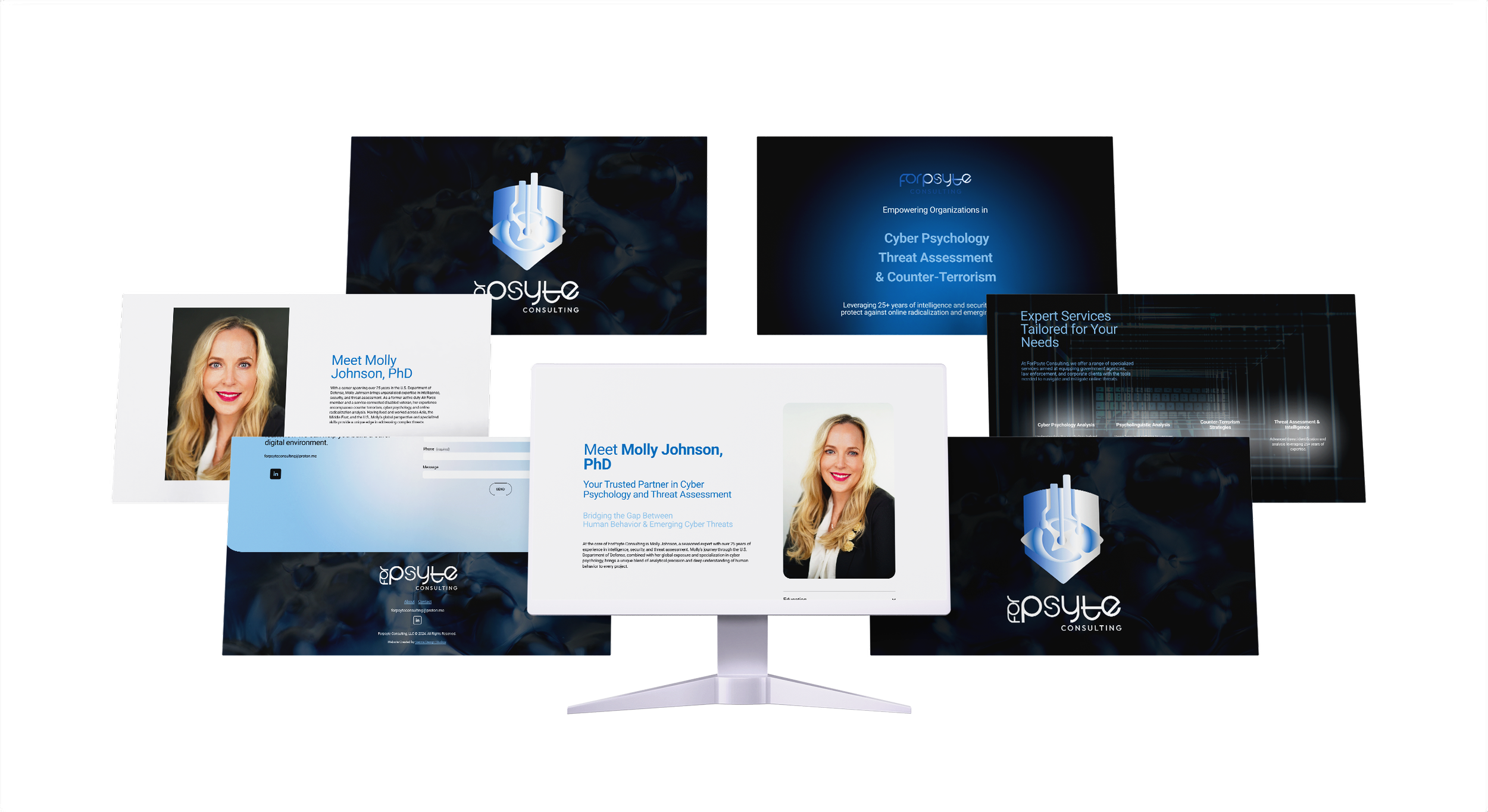 Collection of digital marketing materials including flyers, presentation slides, and business cards for Psylee Consulting, focusing on cyber psychology, threat assessment, and cybersecurity services. There is a woman with blonde hair and a red lipstick smiling on some materials.