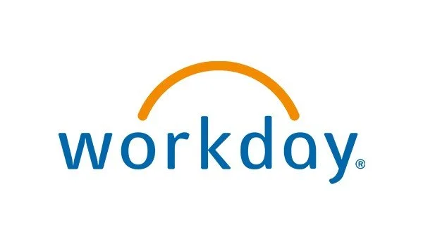 Workday logo with the word 'workday' in blue letters and an orange curved line above it